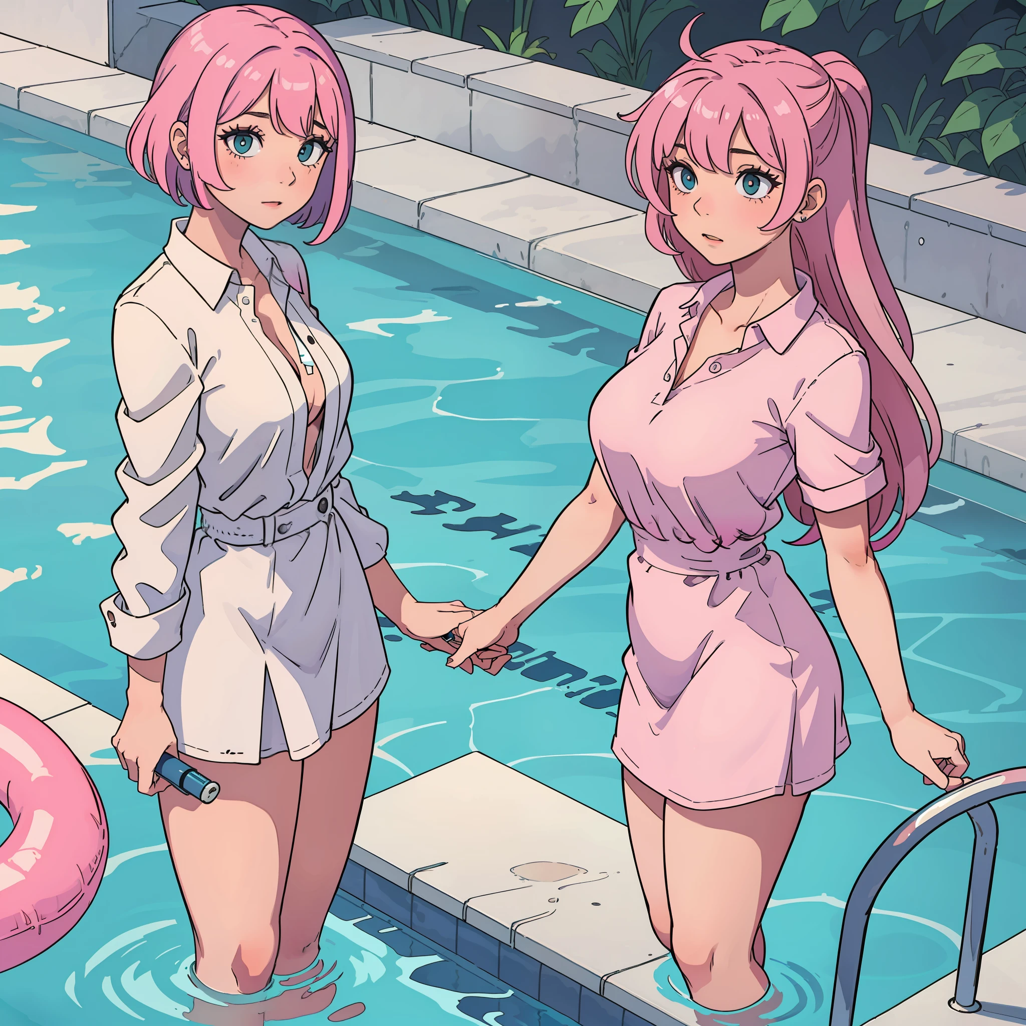 Big trans woman standing upright as she strokes into her pink hair standing in a pool