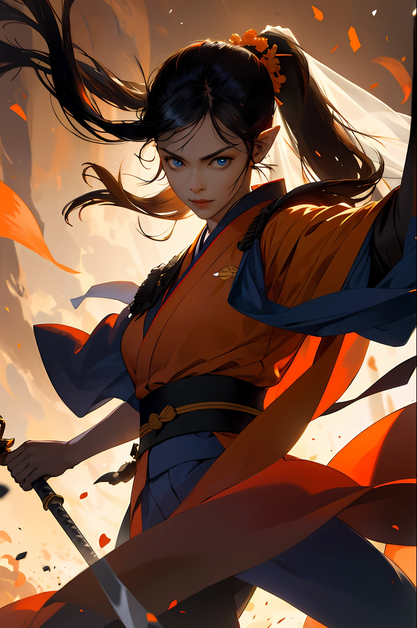 Best quality,masterpiece,ultra high res,(photorealistic:1.4)1girl,weapon,sword,long hair,black hair,ponytail,pointy ears,dark skin,large breasts,white background,solo,blood,arm guards,night desert background,blood on weapon,looking at viewer,blue eyes,tabi,floating hairfull body,red, orange, yellow, upper body, uchikake (wedding kimono),arms up,