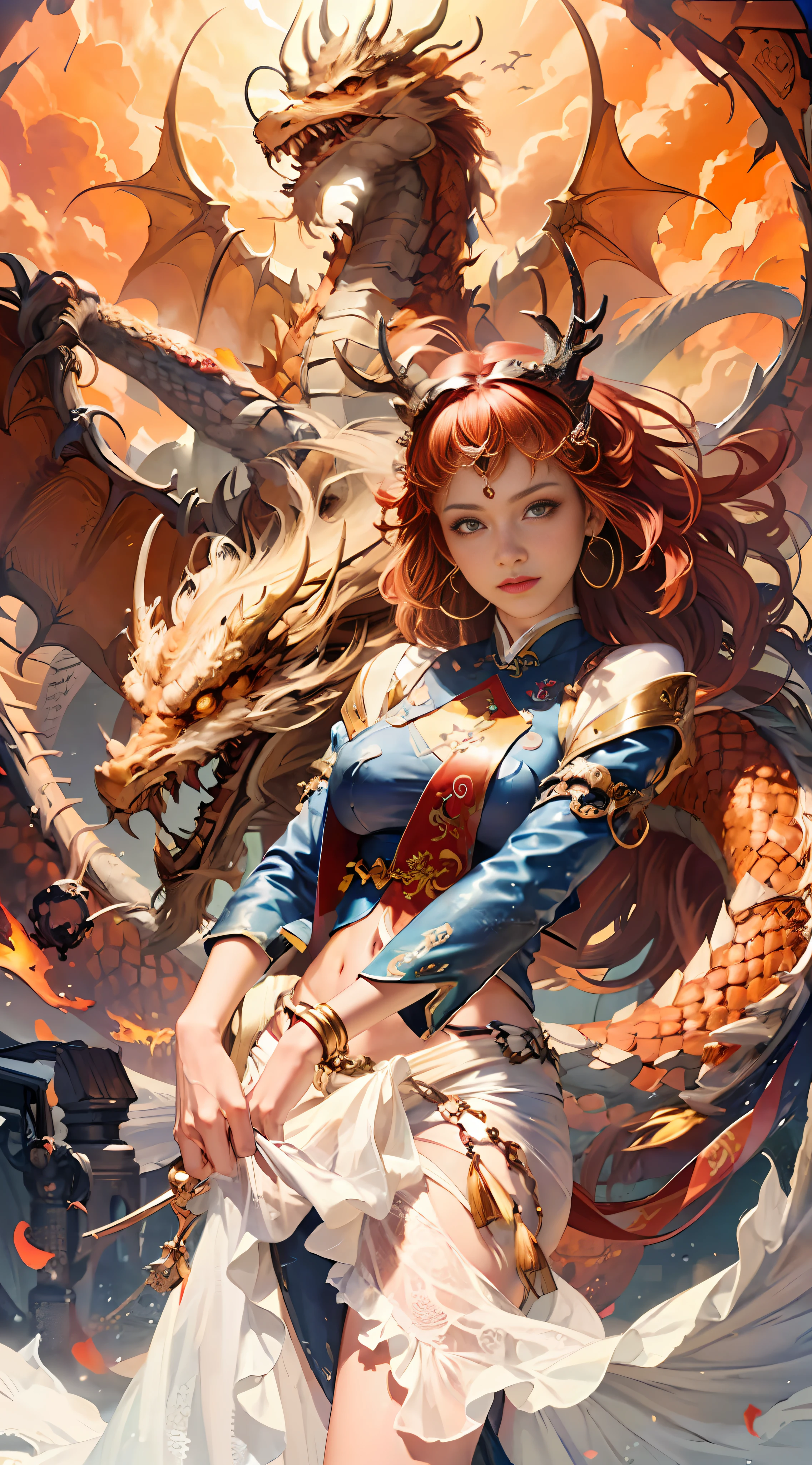 (Realistic, Photo Realistic: 1.3), Extremely Refined and Beautiful, Amazing, Fine Detail, (Best Illustration), (Best Shadow), Intricate, (Behind an Orange Chinese Dragon (Dragon: 1.4), Surrounded by Flames, Black Mountains, Trees, Magma, Wind, Long Wavy Body, Fangs, Fantasy, Mythology, High Quality, Highly Detailed, Epic, Particle Effects, Dynamic Effects, Surround), Clouds, Sunset, Sharp Focus, Volumetric Fog, 8k Ultra HD, DSLR, High Quality, (Film Grain: 1.4), Fujifilm XT3,Official Art, Unified 8K Wallpaper, Super Detailed, Beautiful and Beautiful, Best Quality, (Tangled, Entangled), (Fractal Art: 1.4), 1 Girl, Chinese, Gorgeous Hanfu Short Skirt, Calf, Navel, Very Detailed, Dynamic Angle, Denim Shot, (Most Beautiful Chaotic Shape), Flow, (Bright Colors), OC, (Half: 1.2), China, (Tape: 1.3), (Dream: 1.5), (Hanfu: 1.5), (Smile: 0.5), (Chinese God 1.3), Complex, Ultra Detailed, (Skin Dents), Female, Detailed Body, (Detailed Face: 1.1), (Contoured Iris), (Watercolor Lenses), (Perfect Eyes), Gorgeous, (Masterpiece: 1.2), (Best Quality: 1.2), Wide Buttocks, Thick Thighs, (Big Tits: 1.2) and (Big Breasts: 1.2), Detailed Background, Cinematic Light, Best Shadows, Cute Detail Face, Dramatic Light, Intricate Details, Long Flowing Hair, Ethereal Light, Wide Angle, Solo, full body, colorful, flame, charming, enchanting,, thin waist, gorgeous goddess, Buddha-figure, absurd long hair, pale gold eyes, looking at the audience, delicate patterns, precious stones, gold, diamonds, fine feathers, volumetric light, holiness, backlight, opposite, girl with antler decoration on her head, girl with orange hair