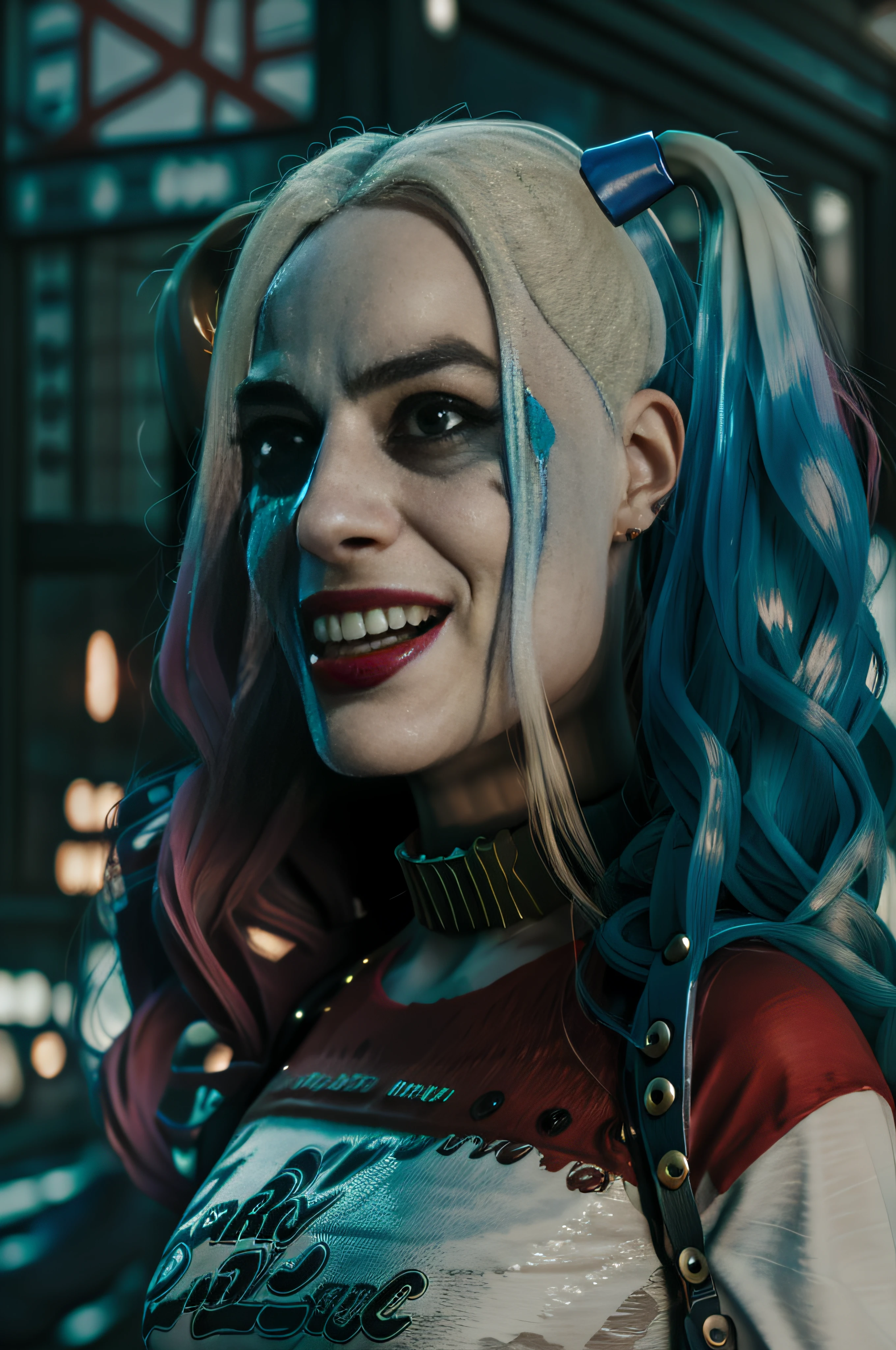 Close up of Harley Quinn in the street, dynamic pose, sexy, flirty, 32k resolution, photo realistic, hyper realistic, hyper detailed, best quality, natural looking, life like, triadic colors, complementary colors, volumetric lighting, epic, cinematic, dramatic, stunning