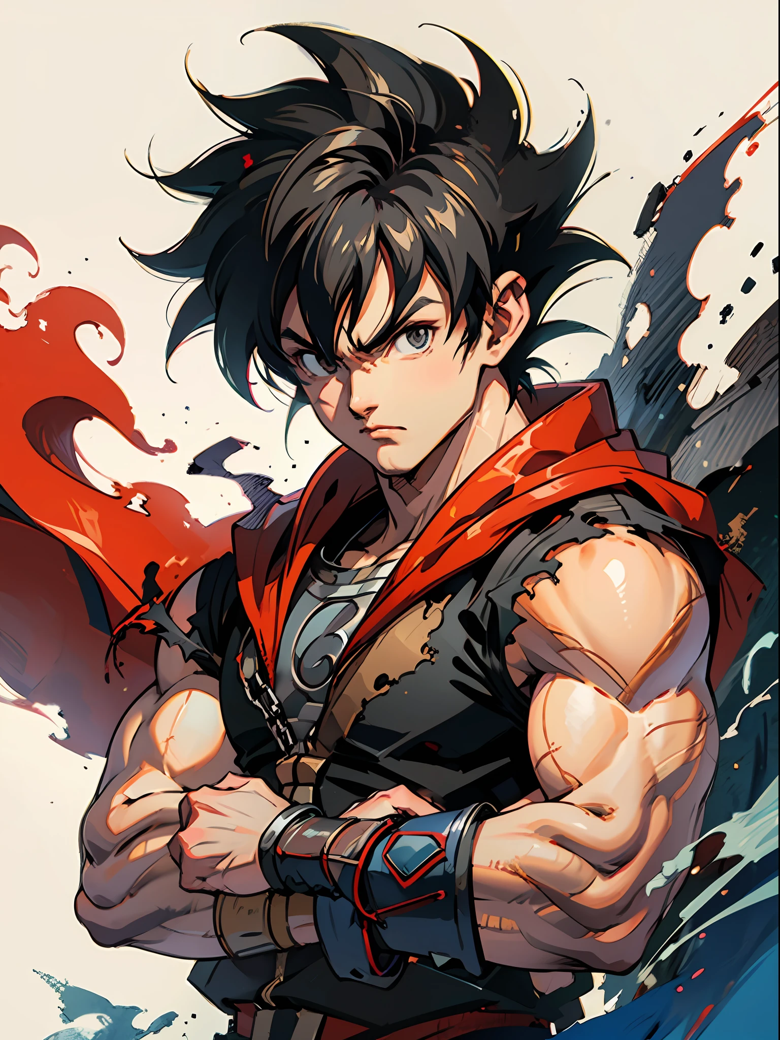 bj_oiled_Painting, son_Wukong, solo, lookatthe viewer, shirt, Black hair, 1boys, Closed mouth, Upper body, gray hairs, Male focus, Torn clothes, Muscular, Muscular male, spiked hair, arms  cuffs, Serious, Dougie, Son Goku，
Cinematic lighting,Strong contrast,High level of detail,Best quality,巨作,White background,,