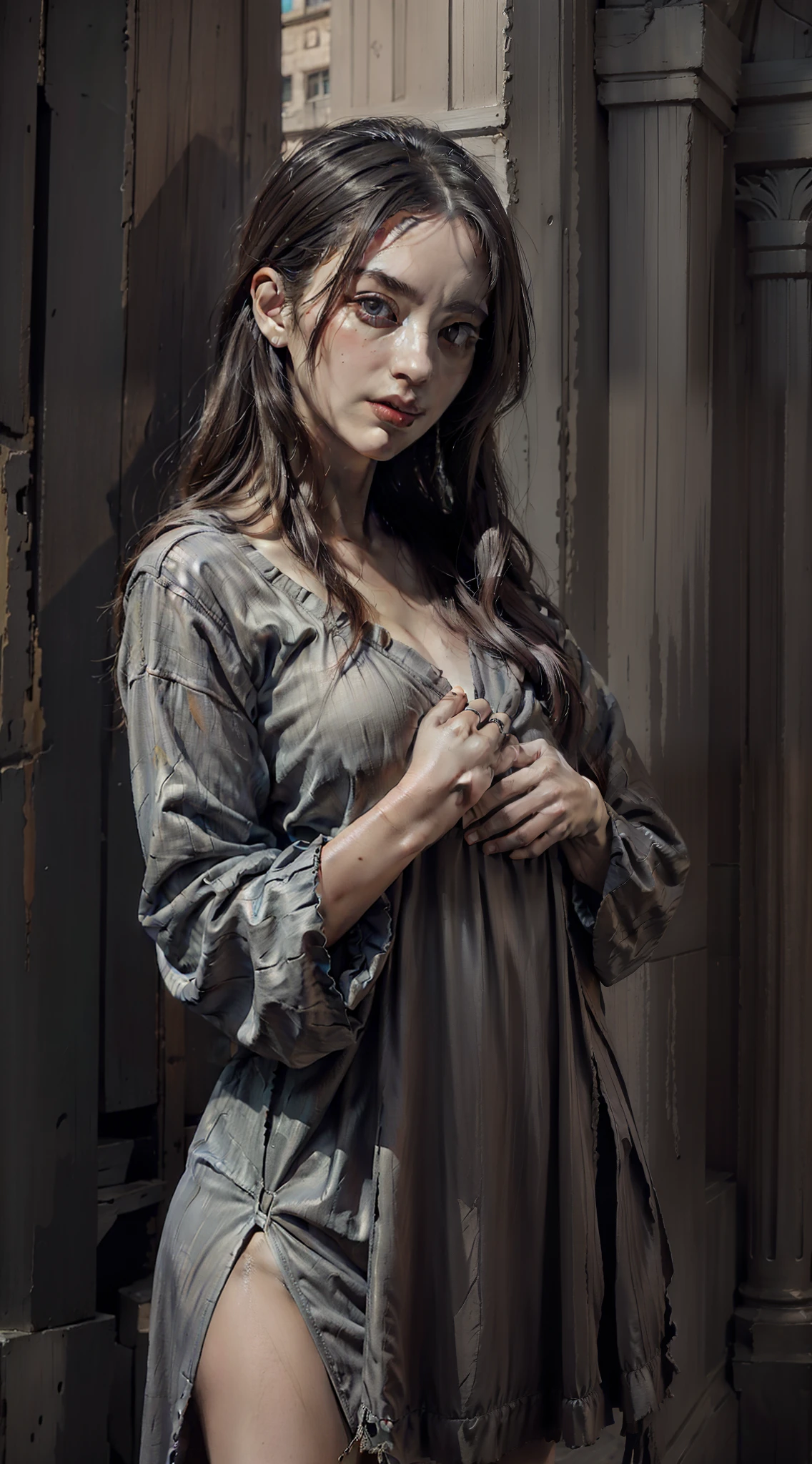 （Realistis：1.4）A high resolution，ultra detali，textures true to reality，Bold textures，Crazy textures,（巨作，Best quality，Highly detailed CG paintings），A beautiful woman in ragged clothes by the pillar，beautiful a girl，Long hair，After the war，standing solo，Visible all over the body。