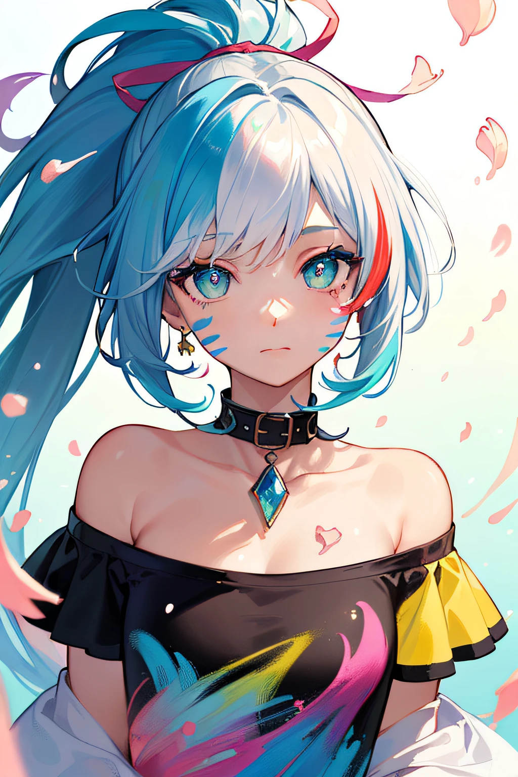 （Pink Fashion T-shirt：1.9），(Colorful hair: 1.8), (all the colours of the rainbow: 1.8),(((((vertical painting：1.6))), （painting：1.6），front, comics, illustrations, paintings, large eyes, crystal clear eyes,（ rainbow color gradient high ponytail：1.7）, exquisite makeup, closed mouth,(Small Fresh: 1.5),(Wipe Chest: 1.6) ，long eyelashes, white off shoulder T-shirt, White Shoulder Shirt，looking at the audience, large watery eyes, (rainbow colored hair：1.6), color splash, （solo：1.8）, color splash, color explosion, thick paint style, messy lines, ((shining))，(colorful), (colorful), (colorful), colorful, Thick Paint Style, (Splash) (Color Splash), Vertical Painting, Upper Body, Paint Splash, Acrylic Pigment, Gradient, Paint, Highest Image Quality, Highest Quality, Masterpiece, Solo, Depth of Field, Face Paint, colorful clothes, (Elegant: 1.2), gorgeous,long hair, wind, (Elegant: 1.3), (Petals: 1.4)，(((masterpiece))),(((best quality))),((ultra-detailed)),(illustration),(dynamic angle),((floating)),(paint),((disheveled hair)),(solo),(1girl) , (((detailed anima face))),((beautiful detailed face)),collar,bare shoulders,white hair, ((colorful hair)),((streaked hair)),beautiful detailed eyes,(Gradient color eyes),(((colorful eyes))),(((colorful background))),(((high saturation))),(((surrounded by colorful splashes))),