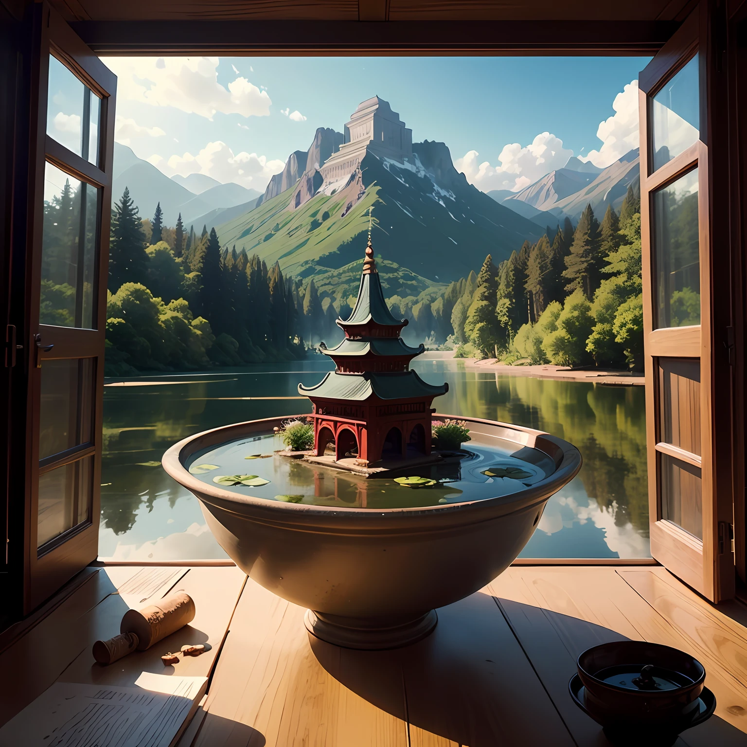 （（（Temple in a bowl，Majestic，））），（Best picture quality），（horryfing，thriller），tmasterpiece，Pond in a bowl，Lotus flowers in a bowl，Mountain in a bowl，film effect，There are dolls，（（There is poop）），Not sure why？