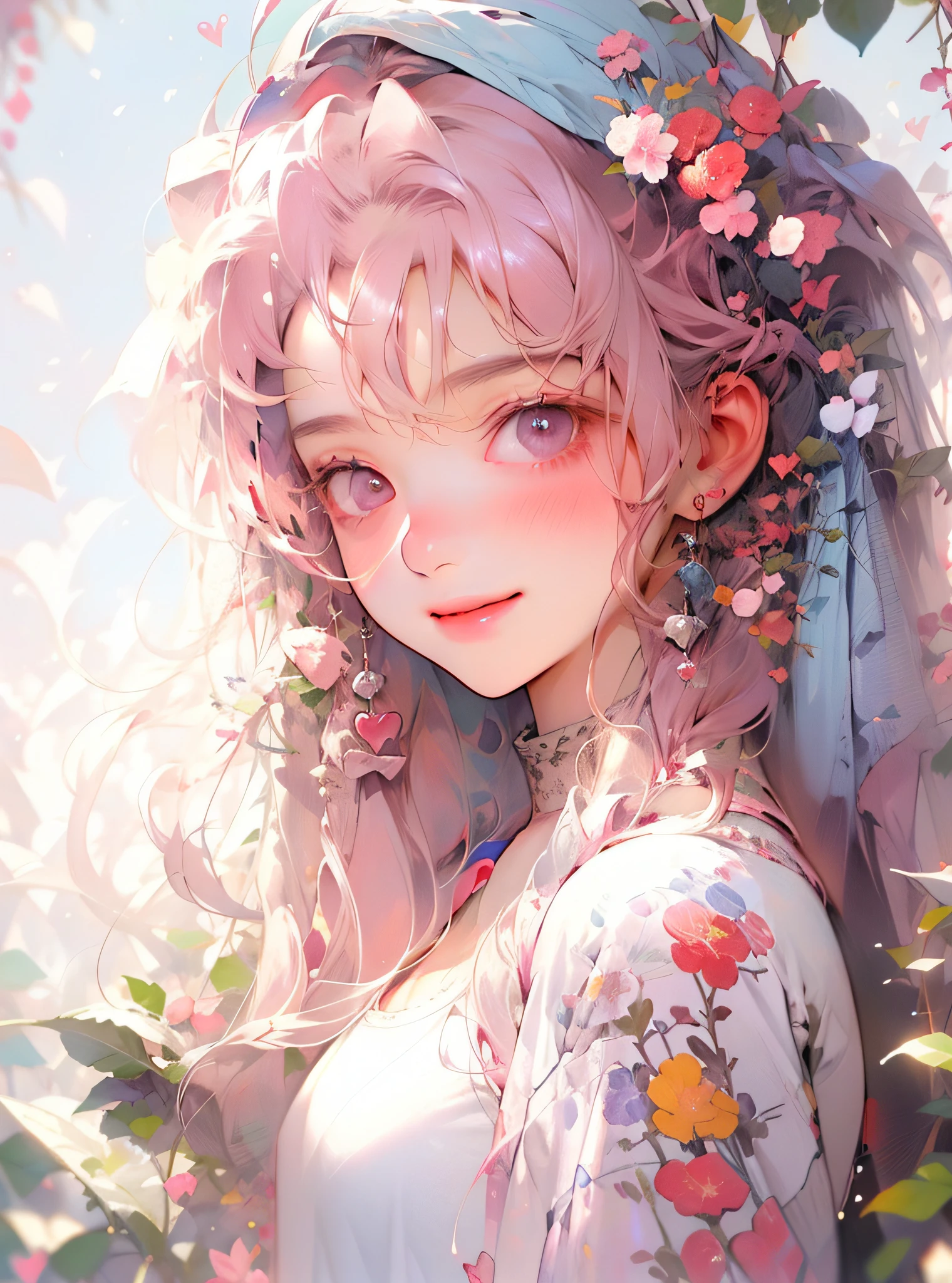 1girl huge large breasts，nijistyle，pink  hair（0.992），white backgrounid（ssmile：0.67），Lovely Niji style，Best picture quality，Top masterpiece，hight clarity，8k wall paper，flatchest，On the head hangs a few light pink weeping begonias，Begonia in Xifu，flatchest，The protagonist occupies the proportion of the picture: 0.6