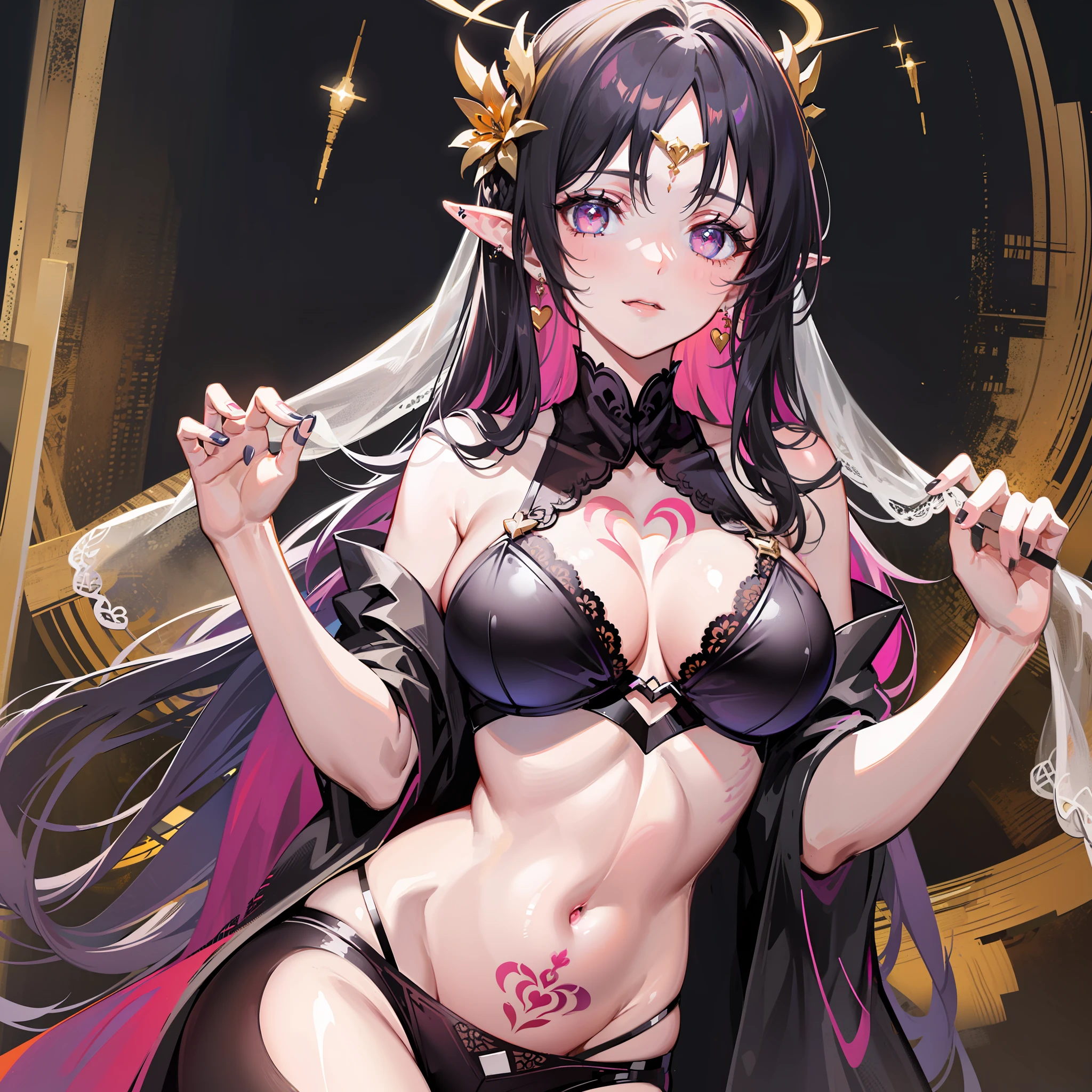 (Golden Ratio:1.2),[(black background:1.4)::10],(masterpiece), (best quality), (ultra detailed),(disheveled hair),(illustration),(1 girl:1.3),solo,mature female,milf,multicolored hair, curtained hair, hair intakes, hair over shoulder, shiny hair, braided bangs, halo, tiara, crescent hair ornament, forehead jewel, heart hair ornament, heart-shaped pupils, white eyes, crystal earrings, earrings, pointy ears,(pink_lace underwear:1.3)+(dark red_see through shawl:1.2)+(white_see through mouth veil), smile, licking lips, (strong muscle with tall body:1.2),(standing on heart magic circle:1.2)+(colorful heart tatoos appear on the crotch:1.3)+[(Inception:1.2)],Surrealism, chiaroscuro, sparkle, anaglyph, 8k, super detail, UHD, anatomically correct, textured skin, high details, 1080P