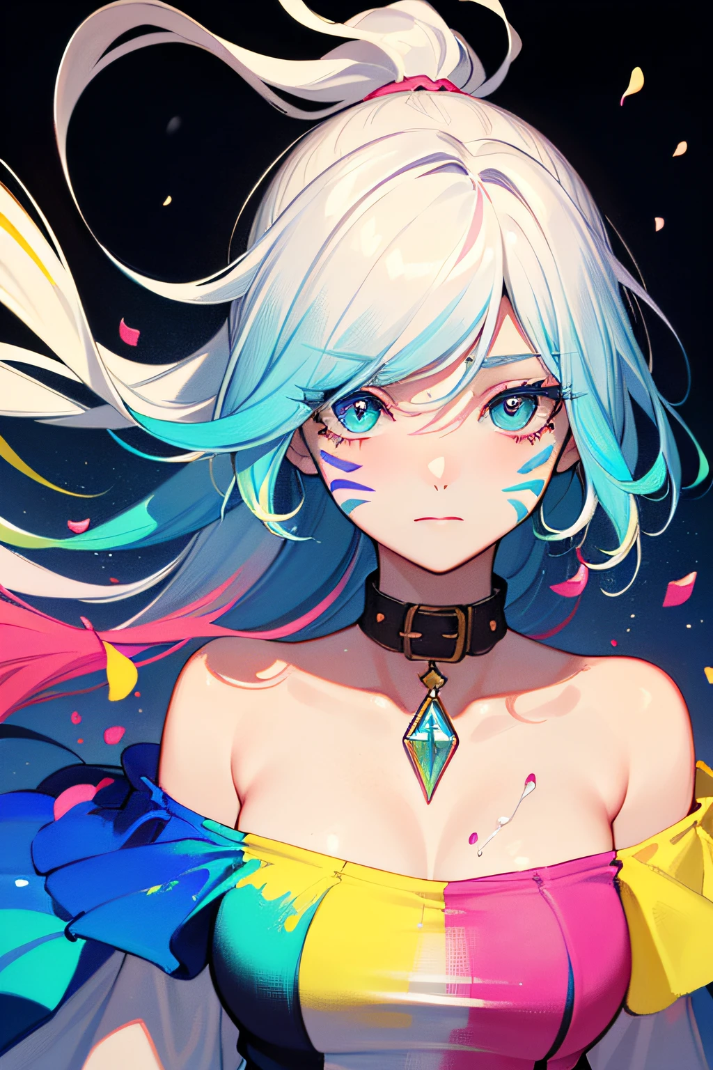 (Pink Fashion T-shirt:1.9),(Colorful hair: 1.8), (all the colours of the rainbow: 1.8),(((((vertical painting:1.6))), (painting:1.6),front, comics, illustrations, paintings, large eyes, crystal clear eyes,( rainbow color gradient high ponytail:1.7), exquisite makeup, closed mouth,(Small Fresh: 1.5),(Wipe Chest: 1.6) ,long eyelashes, white off shoulder T-shirt, White Shoulder Shirt,looking at the audience, large watery eyes, (rainbow colored hair:1.6), color splash, (solo:1.8), color splash, color explosion, thick paint style, messy lines, ((shining)),(colorful), (colorful), (colorful), colorful, Thick Paint Style, (Splash) (Color Splash), Vertical Painting, Upper Body, Paint Splash, Acrylic Pigment, Gradient, Paint, Highest Image Quality, Highest Quality, Masterpiece, Solo, Depth of Field, Face Paint, colorful clothes, (Elegant: 1.2), gorgeous,long hair, wind, (Elegant: 1.3), (Petals: 1.4),(((masterpiece))),(((best quality))),((ultra-detailed)),(illustration),(dynamic angle),((floating)),(paint),((disheveled hair)),(solo),(1girl) , (((detailed anima face))),((beautiful detailed face)),collar,bare shoulders,white hair, ((colorful hair)),((streaked hair)),beautiful detailed eyes,(Gradient color eyes),(((colorful eyes))),(((colorful background))),(((high saturation))),(((surrounded by colorful splashes))),