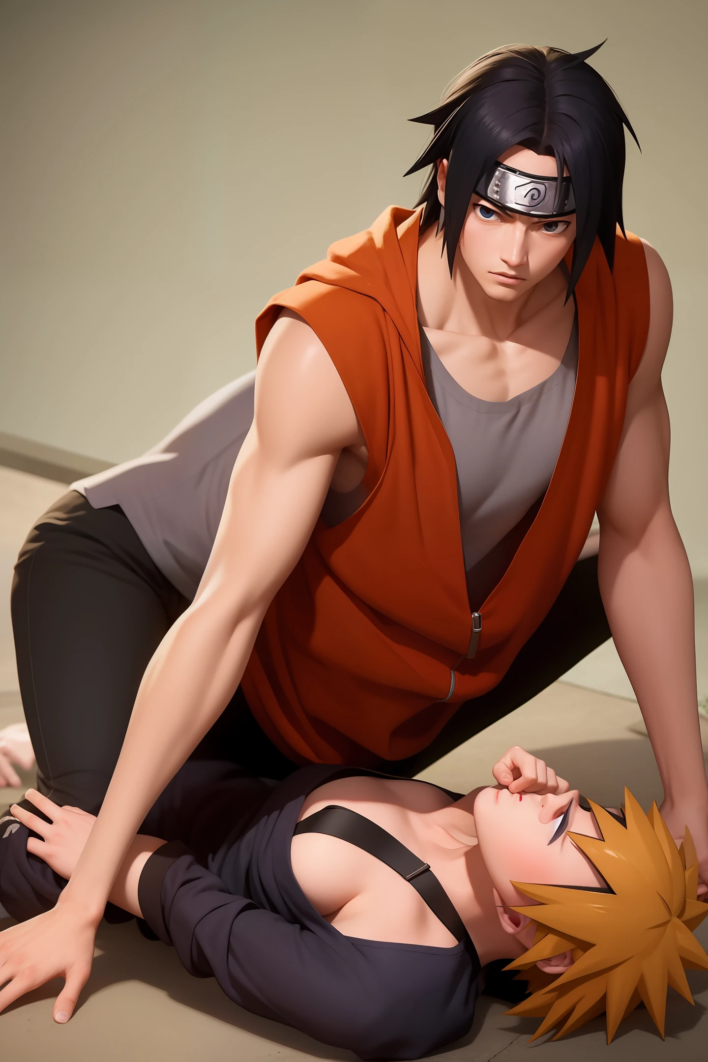 Uchiha stepped on Naruto with his left foot and pinched his finger at Sasuke with his right hand