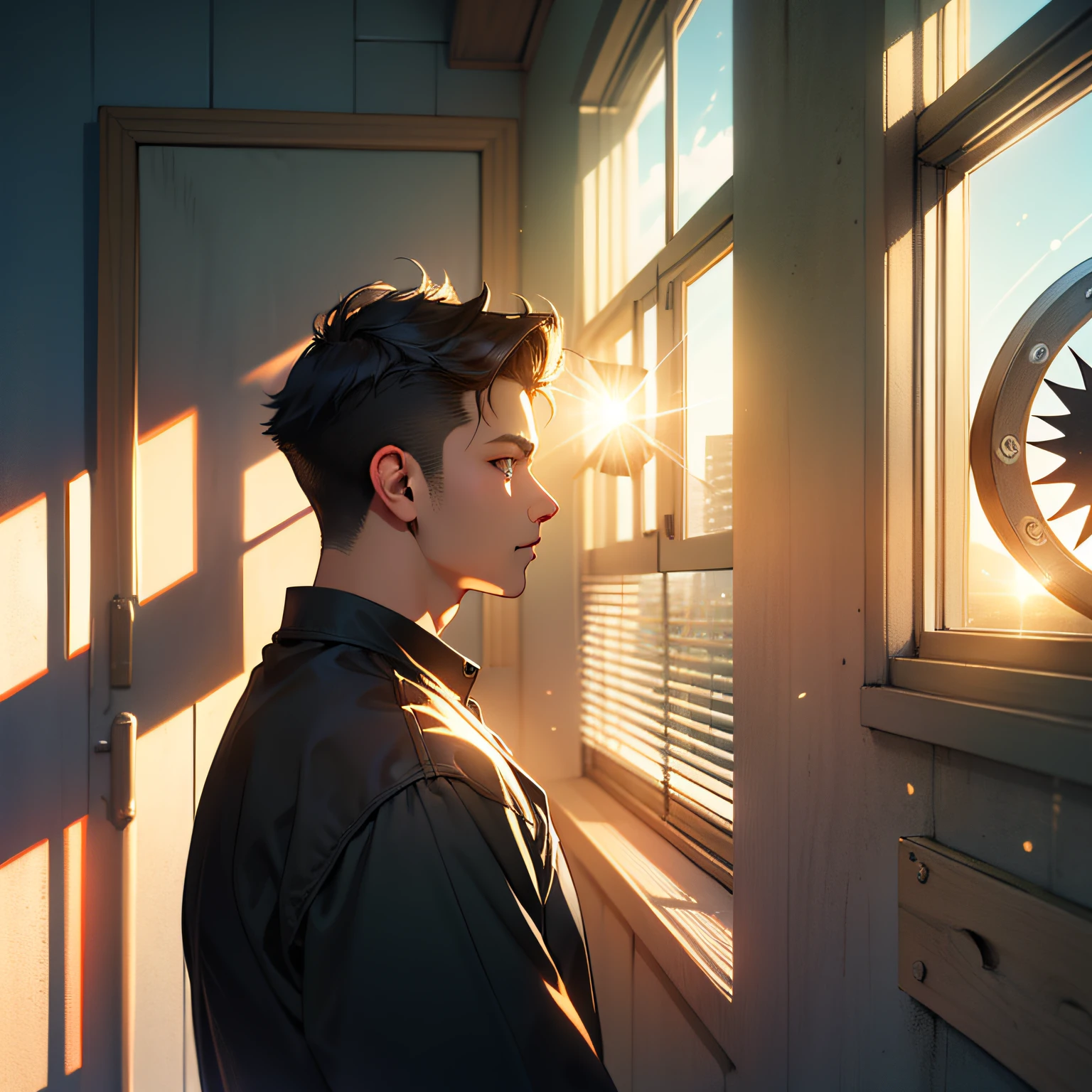 4K,High quality,Realistic,Contrast,巨作,sun beam,Optimistic visuals,,Young man,eye,amazed,doubt,Room,wall clock,age-old,A faint ticking sound,window,sun beam