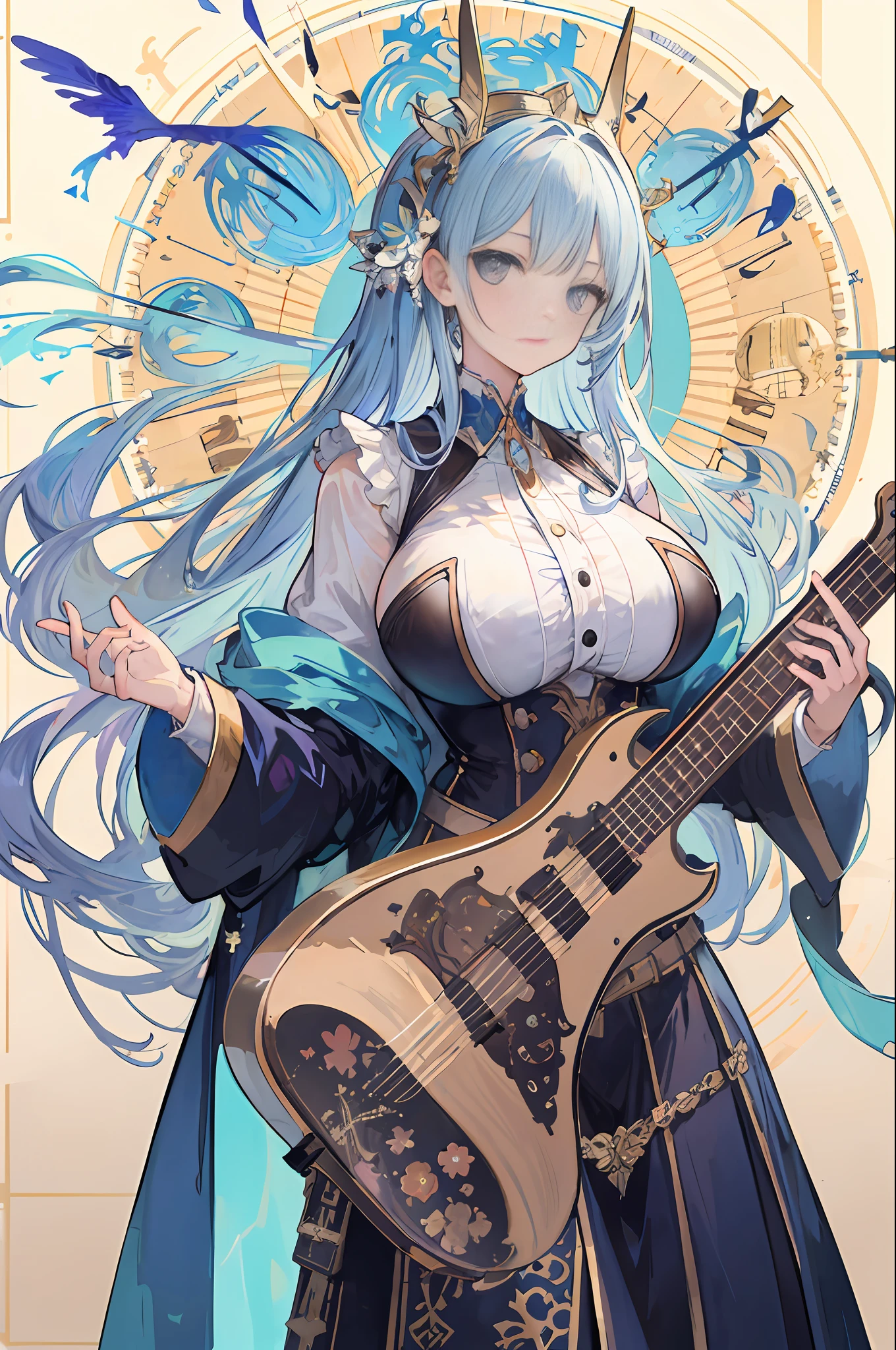 Alphonse Mucha's zodiac signs like、babes、hyper huge breasts、hair adornments、I have a decorated musical instrument、accordion