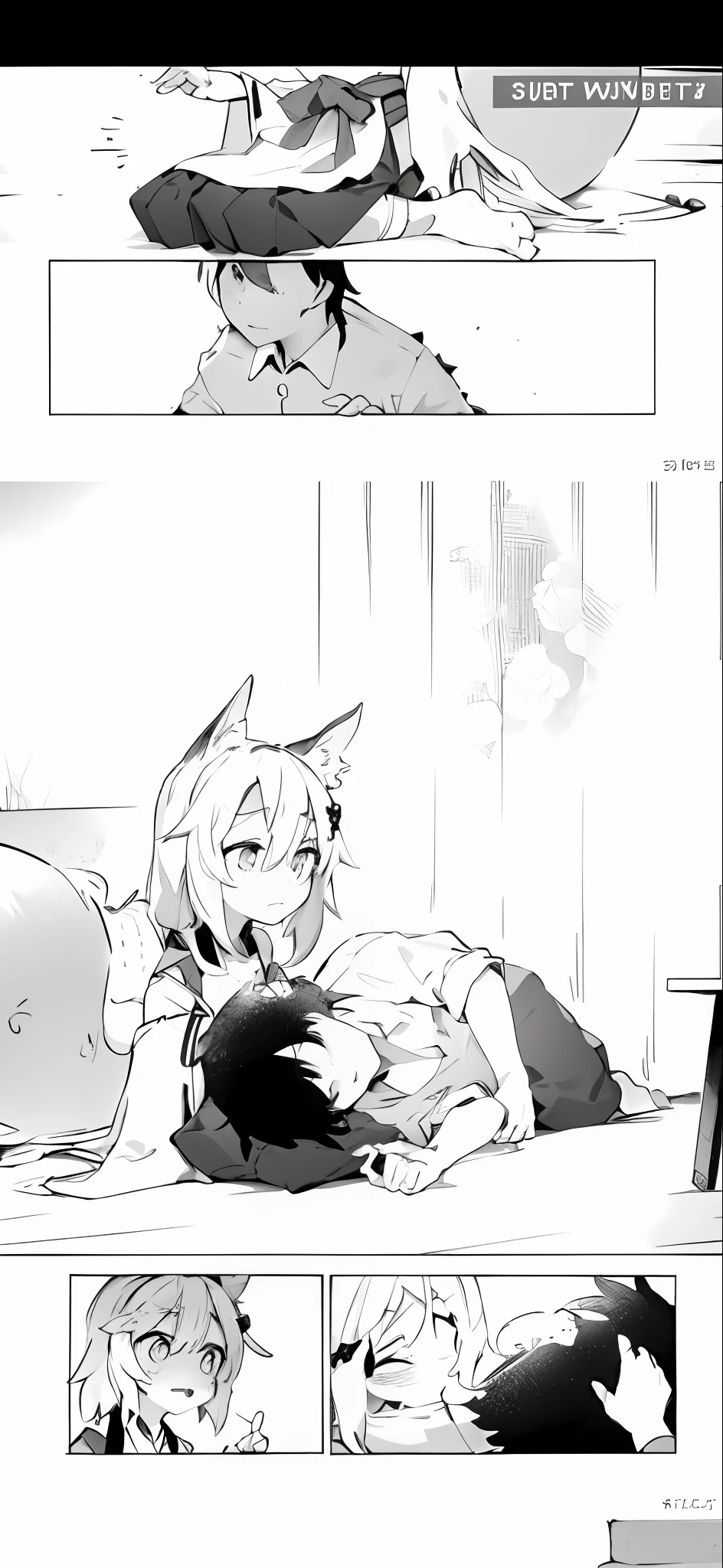 A quiet scene,There was a cute girl on the bed with a well-behaved cat,They rest together、fall asleep。The style of the picture is relaxed、Warm,It narrates the most mundane and sincere emotions between the two without any interruption,It is as if time has frozen in this scene full of silence and beauty。(Quality tab:comic strip、black andwhite、freshen、Simple)