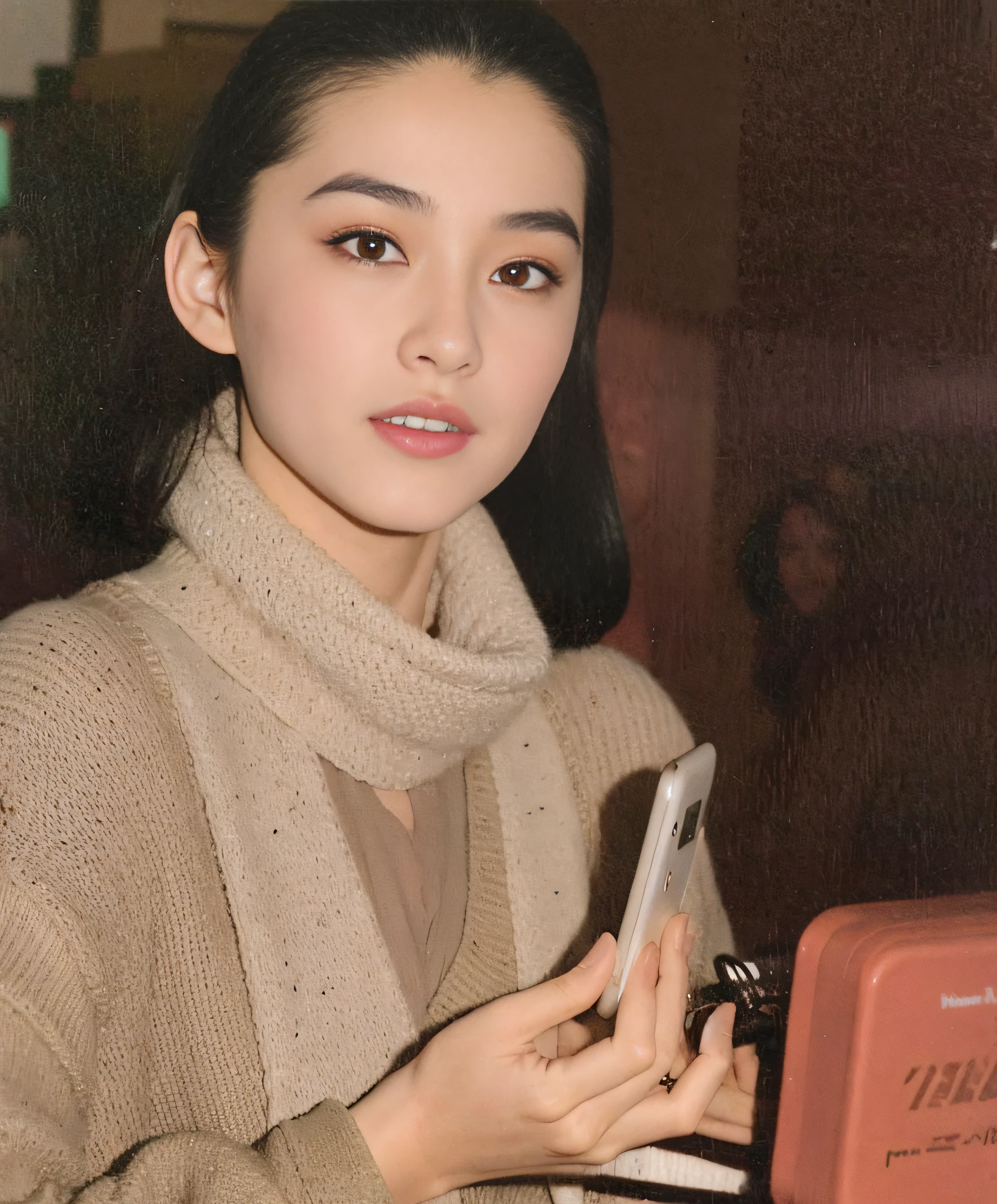 there is a woman holding a cell phone and a purse, shinsui ito, fanbingbing, inspired by Chen Yifei, Li Bingbing, song hye - kyo, Yun Ling, Qiu Fang, heise-lian yan fang, xue han, 张曼玉, wu liu, Yoshitomo Nara, Lu Ji