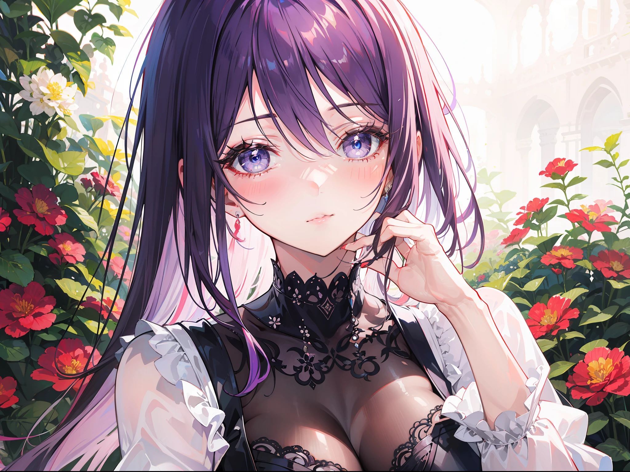 "Epic morning garden atmosphere, stunning 4k artwork featuring a confident mature woman long flowing vibrant light-purple hair. Her captivating, her eyes pink that illuminate the scene. She blushes, and her face looks close, then looks like she wants get a hug from brown haired woman"