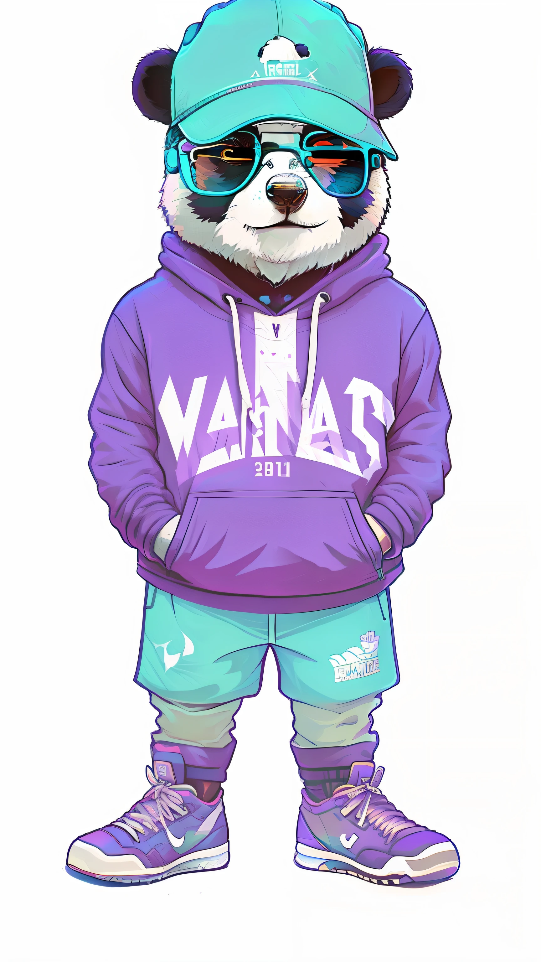 a cute giant panda,With a smile,Wear a sports cap,Face with large glasses,Wear sportswear on the upper body,Wear sweatpants and sneakers on the bottom。Cool looks,4K,k hd