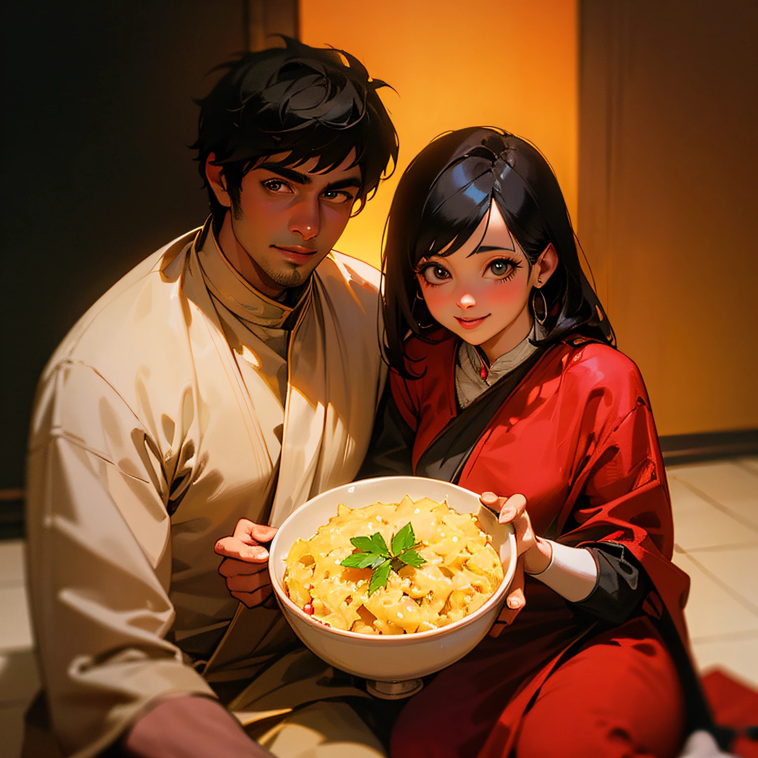 The indian man and woman seat on floor with 1 bowl khichri, man is young handsome, wife is so beautiful. Man is young and smile face realistic photo,  wife realistic photo, neon light background --auto