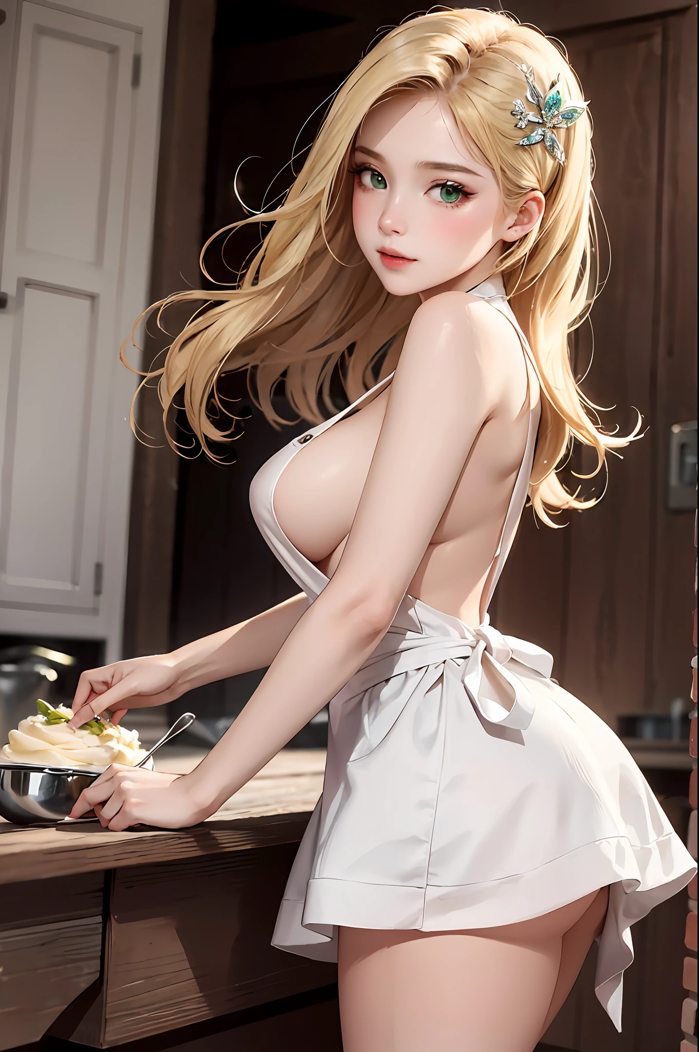 tmasterpiece,best quailty,8K,detailed skin textures,realisticlying,Detailed cloth texture,beautifull detailed face,Complicated details,solo,1 Russian girl,Boya Hancock,An ultra-detailliert,Detailed hair strands,((Long blonde hair,Green eyes,By bangs,Floral hair ornaments,Diamond jewelry)),Blushlush,(opens his eyes wide:1.3),(eye reflections:1.6),shylily,(smoothy,Skin reflects light),(shiny skins),Nipple shadow,(Slim,Nudie,Colorful apron,Ruffle frills),((Large breasts):1.2,Great legs),Close-up of,cuisine,Side view,looking to the camera