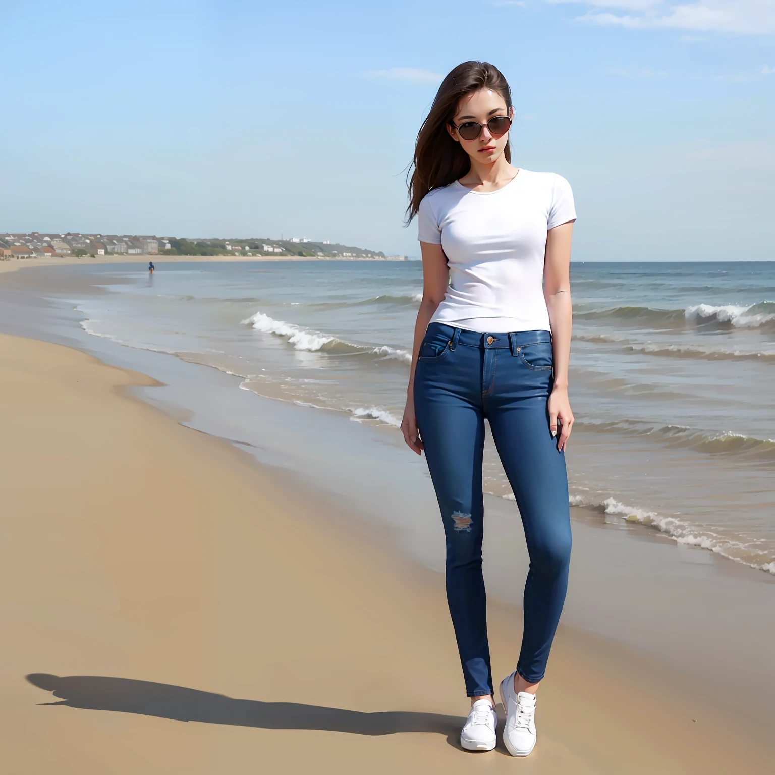 a pregirl,White top,Navy blue jeans,at the seaside,Look into the distance,fullllbody