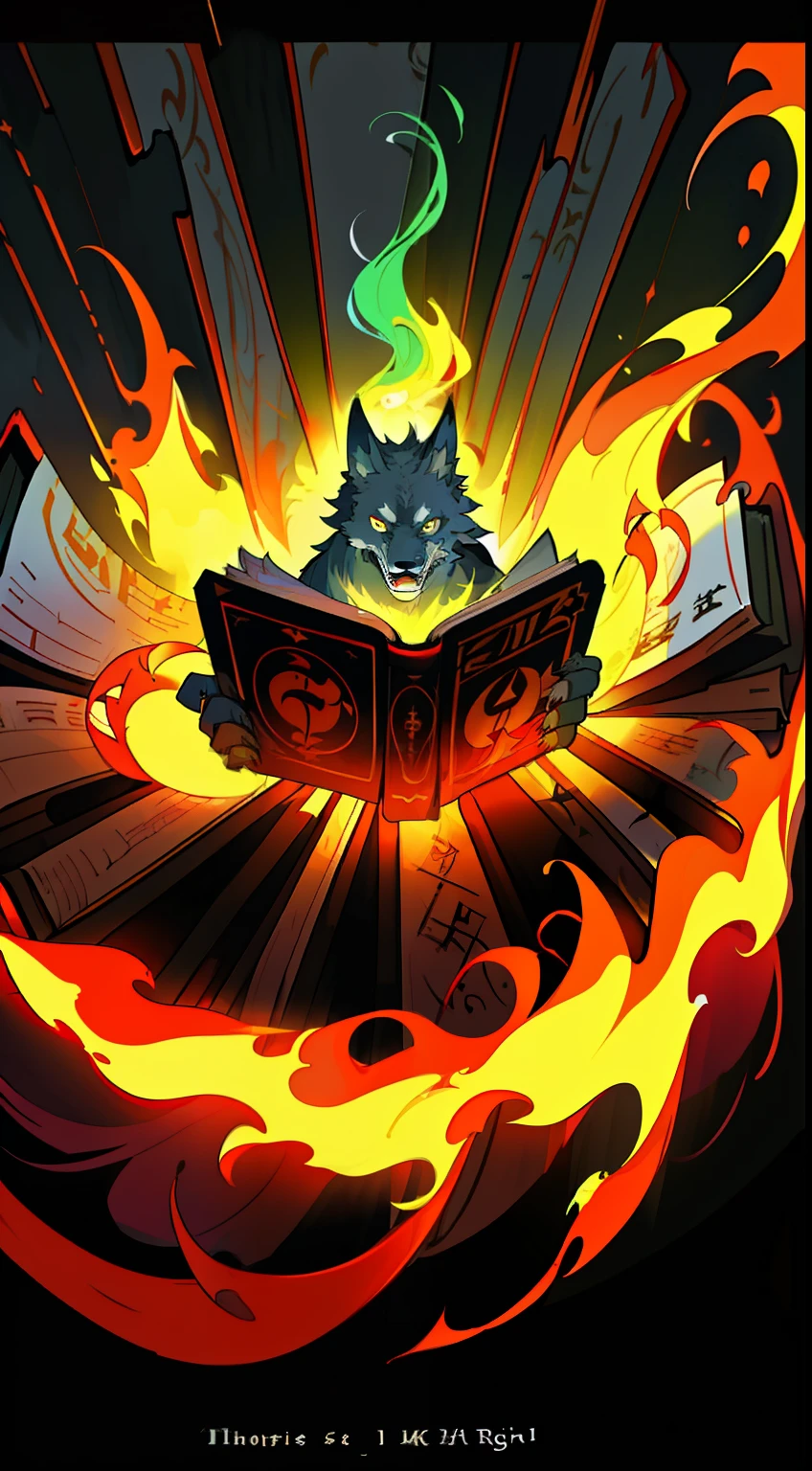 werewolf, Book - open book8
scrolls with open pages, rotating-flying very big numerology spells around the book, lots of mist rising, rainbow colorful swirling flames, magic, highly detailed, gothic, digital graphics, highly detailed, 4k concept art