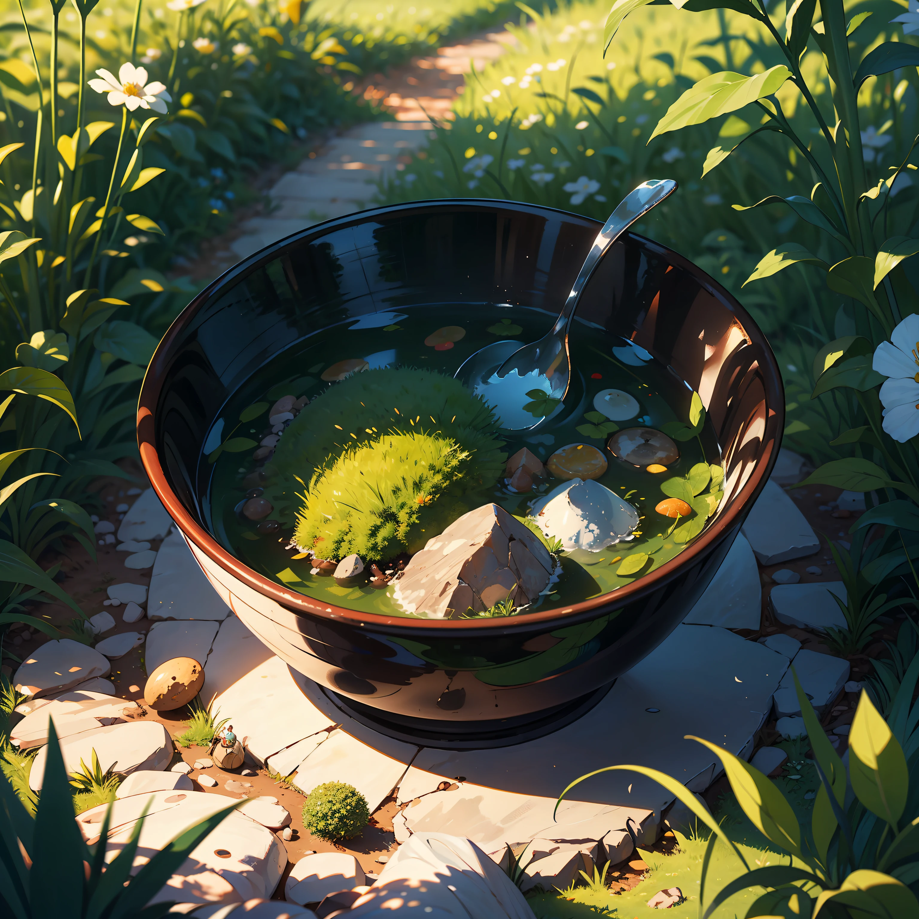 （（The world in the bowl）），（Miniatures），There are trees in the bowl，grass field，The path is in the bowl，（（child）），tmasterpiece，The ultra -The high-definition，detailed detail，film effect
