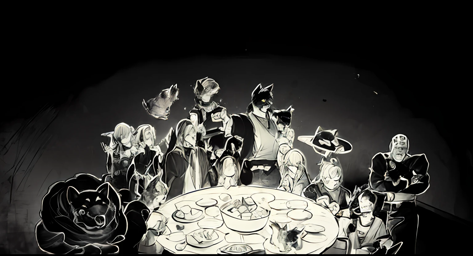 Draw a table,There is a group of animals and a cat inside, last supper, the table is full of food, dnd party, anime party of friend of wisdom, Line art!!, lineart, Line sketch!!, clean lineart, Line sketch, everyone having fun, dnd commission, perfect lineart, at a dinner table, Detailed fanart, variable lineart