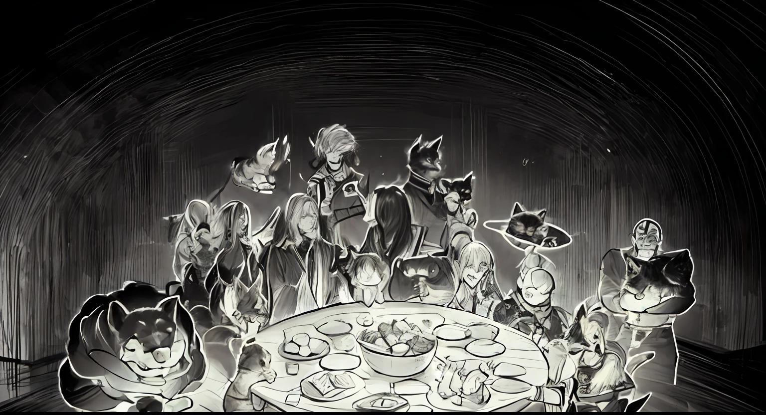 Draw a table,There is a group of animals and a cat inside, last supper, the table is full of food, dnd party, anime party of friend of wisdom, Line art!!, lineart, Line sketch!!, clean lineart, Line sketch, everyone having fun, dnd commission, perfect lineart, at a dinner table, Detailed fanart, variable lineart
