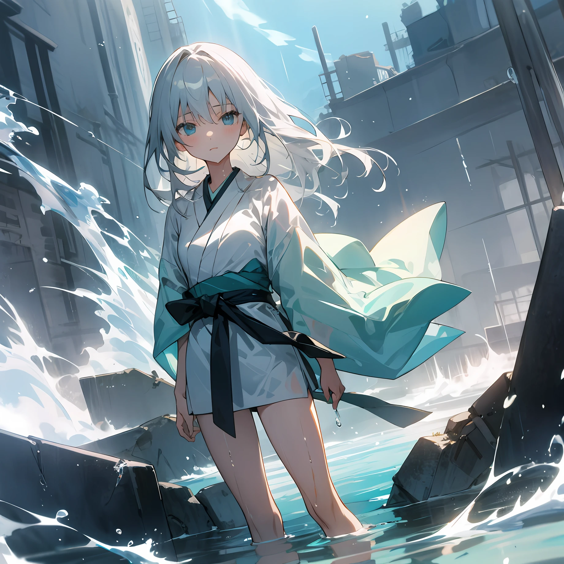 Ultra high resolution Japanese anime style Gray-haired girl Wet with water Translucent clothing Flowing waist-length hair Slender body Beautiful lines Proportion 19.5:9 The sun shines high Behind you is an abandoned city A little immersion in the water on your knees Aqua blue eyes