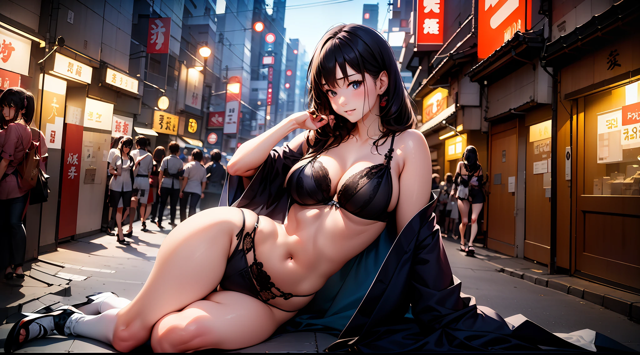 there is a woman in a black lingerie posing for a picture, Sexy girl, Asian girl, laced lingerie, trending on cgstation, wearing an sexy underwear, trending at cgstation, Sexy :8, Korean girl, Asian, 2 d cg, Japanese model, Attractive cat girl, 4 k post, Beautiful Asian Girls, 4k post, gorgeous chinese models,there is a stone clock tower on the side of a street, a picture inspired by Kōno Michisei, unsplash, shin hanga, japanese downtown, tokyo street cityscape, cyberpunk streets in japan, japanese city, tokyo akihabara street cityscape, photograph of the city street, cyberpunk gunma prefecture, tokyo prefecture, tokyo street background, street japan, tokyo japan