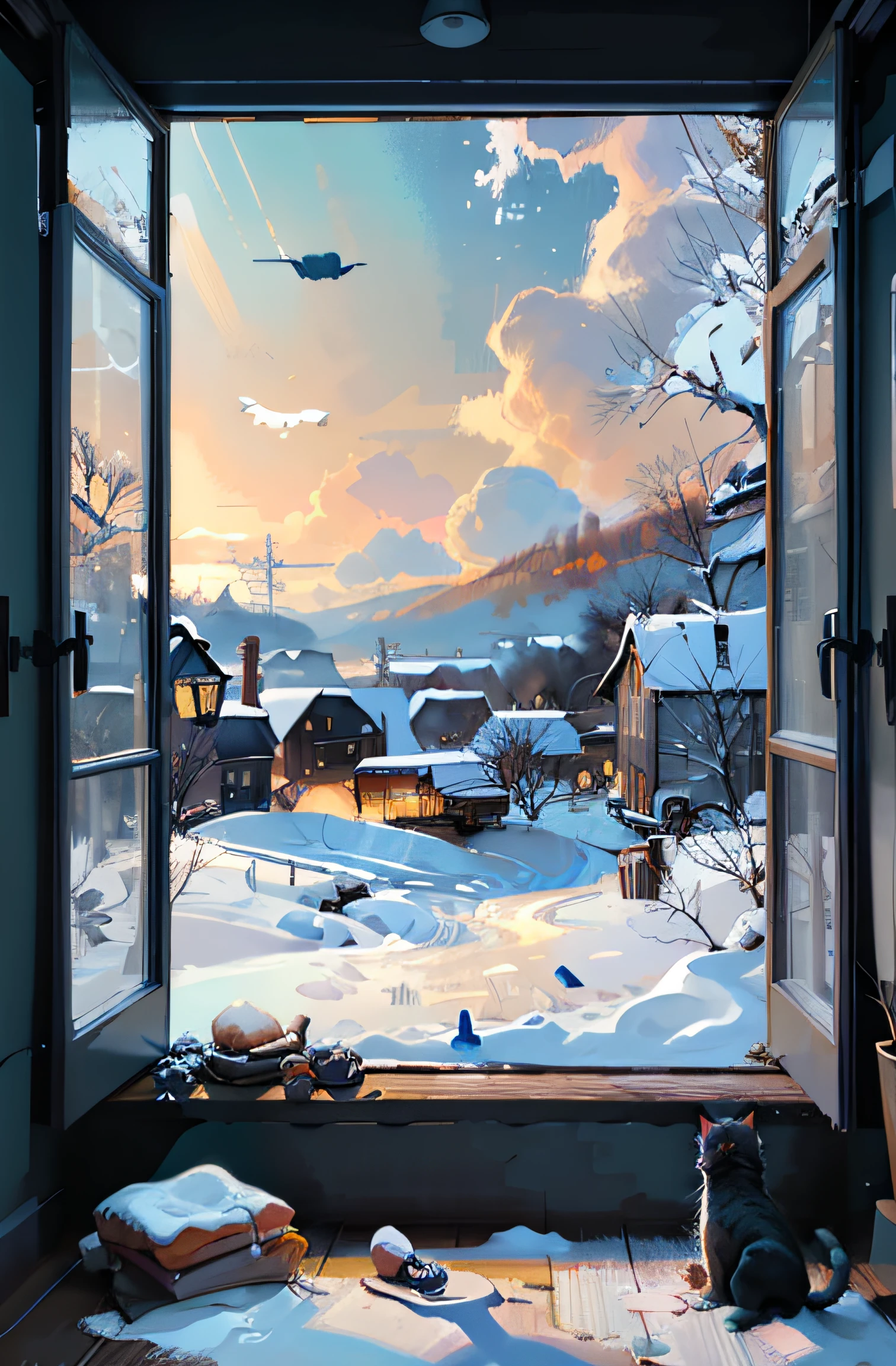 there is a cat laying on the bed in front of a window, Arte conceitual de inverno, heavy winter aesthetics, Inspired by Atey ghailan, Beautiful digital artwork, cold light from the window, in style of atey ghailan, Beautiful artwork, beautiful digital illustration, illustration!, Winter painting, landscape artwork, snow outside the windows, Beautiful illustration, Detailed painting 4 k