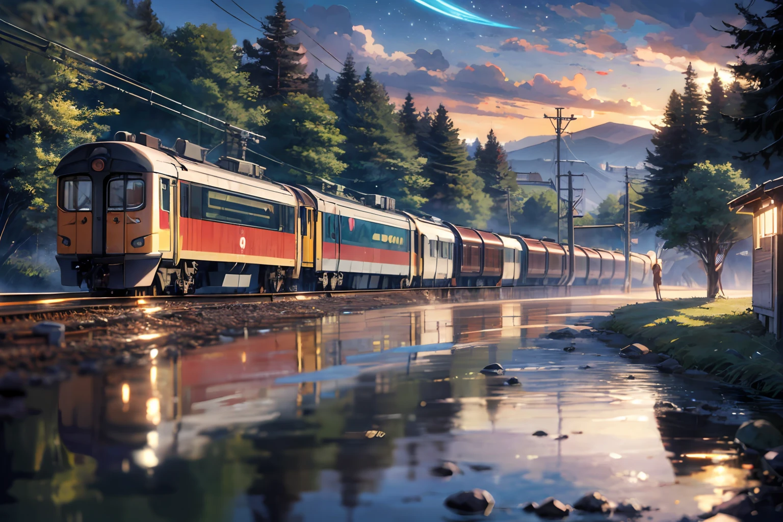 High quality masterpiece, landscape, anime train passing through bodies of water on tracks, bright starry sky. BREAK Romantic train, pixiv, concept art, lofi art style, reflection. by Makoto Shinkai, lofi art, Beautiful anime scene, BREAK Anime landscape, detailed scenery —width 672, in style of Makoto shinkai, style of Makoto shinkai, enhanced details, BREAK,Detailed,Realistic,4k highly detailed digital art,octane render, bioluminescent, BREAK 8K resolution concept art, realism,by Mappa studios,masterpiece,best quality,official art,illustration,ligne claire,(cool_color),perfect composition,absurdres, fantasy,focused,rule of thirds, night, moon