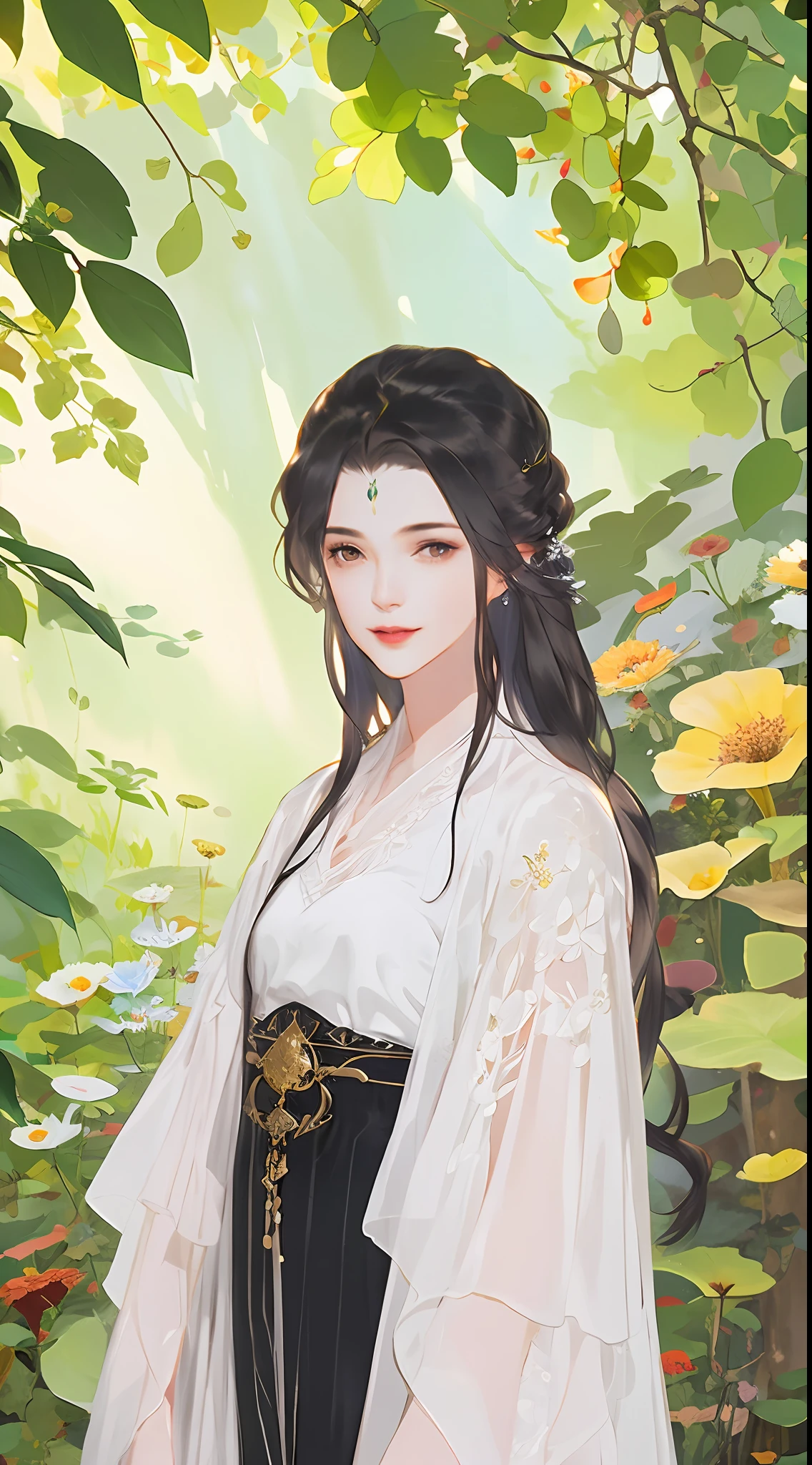 A woman in the woods,gray pupil,ssmile,Ink style,Midsummer,flowers blooming,the wind,sun beam,Ray traching,tmasterpiece,The ultra -The high-definition,8K