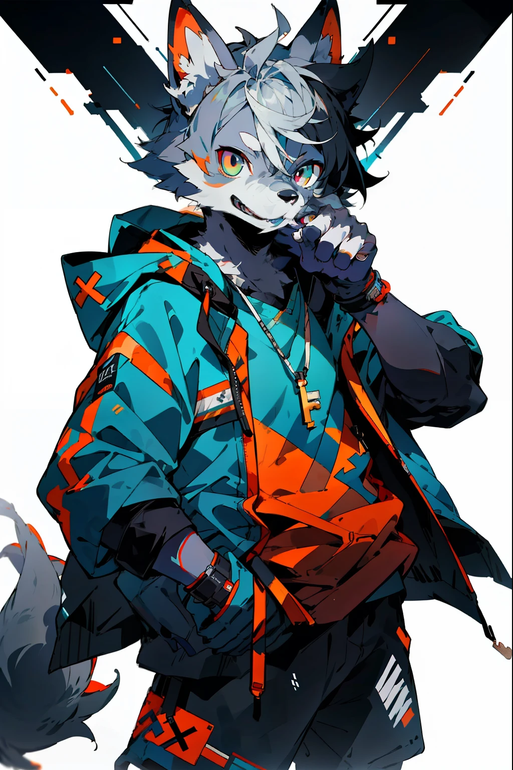 werewolf, showing only one purple eye, wearing a blue hoodie with white stripes, wearing a hoodie, wearing a black sweatshirt with a hood, silver pendant, Futuristic Batik pattern, white background, animal, sci-fi, techno, neural network, pattern art, artwork, key visual, intricate, authentic, masterpiece, perfect compositions, glitch pattern, geometric pattern, multicolor, highly detailed, Artstation, high resolution, high quality, kerberos,