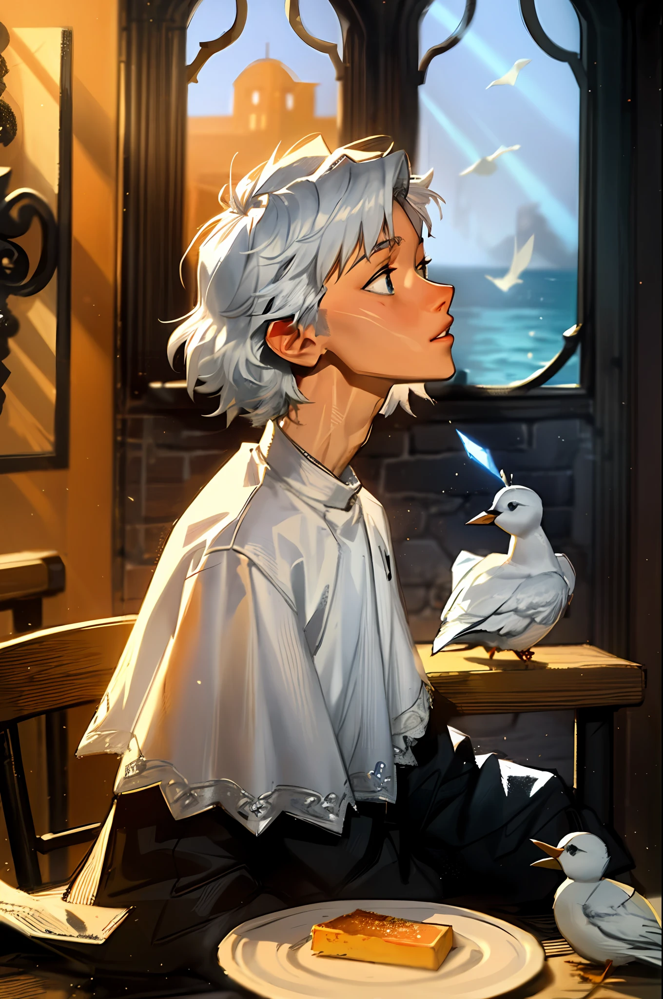 White-skinned boy,Dark blue church costume,White lining,In front of the glass stained window,white color hair,Blue eyes like the ocean,sun beam,White bird stopping at the table,Scriptures scattered on the ground