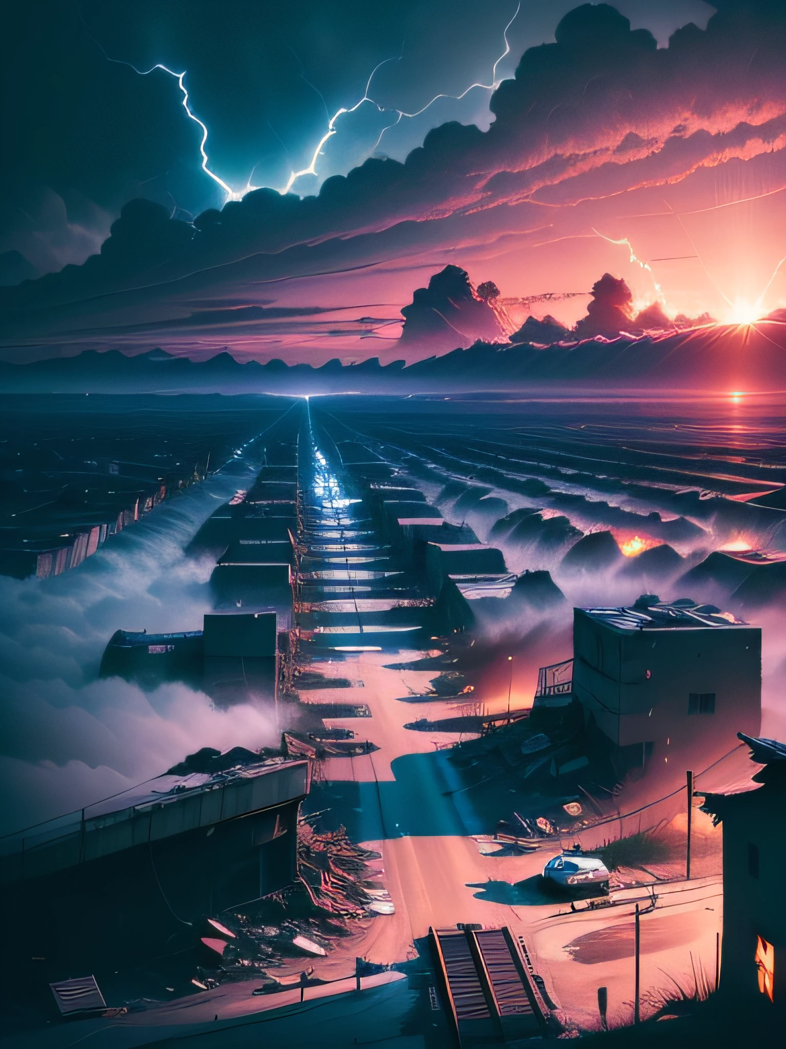 (wide view), wasteland, city ruins, (a man in front of ((huge mech wreckage)), dim light, streets, collapsed utility poles, scattered power lines, electric sparks, tattered future vehicles, garbage heaps, standing water in the big beach, rocks, dense weeds, dense dust smoke, ruined neon lights, heavy clouds, dusk, high quality, (super fine), (light detailed), detailed, accurate, 16k resolution, master works, (movie lights) , (cyberpunk style), dynamic perspective