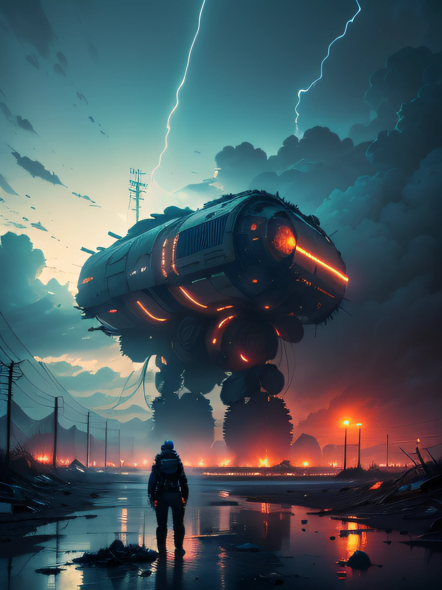 (wide view), wasteland, city ruins, (a man in front of ((huge mech wreckage)), dim light, streets, collapsed utility poles, scattered power lines, electric sparks, tattered future vehicles, garbage heaps, standing water in the big beach, rocks, dense weeds, dense dust smoke, ruined neon lights, heavy clouds, dusk, high quality, (super fine), (light detailed), detailed, accurate, 16k resolution, master works, (movie lights) , (cyberpunk style), dynamic perspective