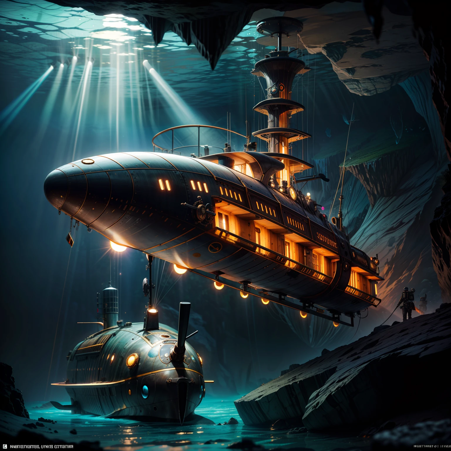 (a steampunk submarine explores a large underwater cave), (Masterpiece, Best Quality, High Details), (HDR, high dynamic range), octane render, subsurface scattering, radiant light rays, realistic shadows,