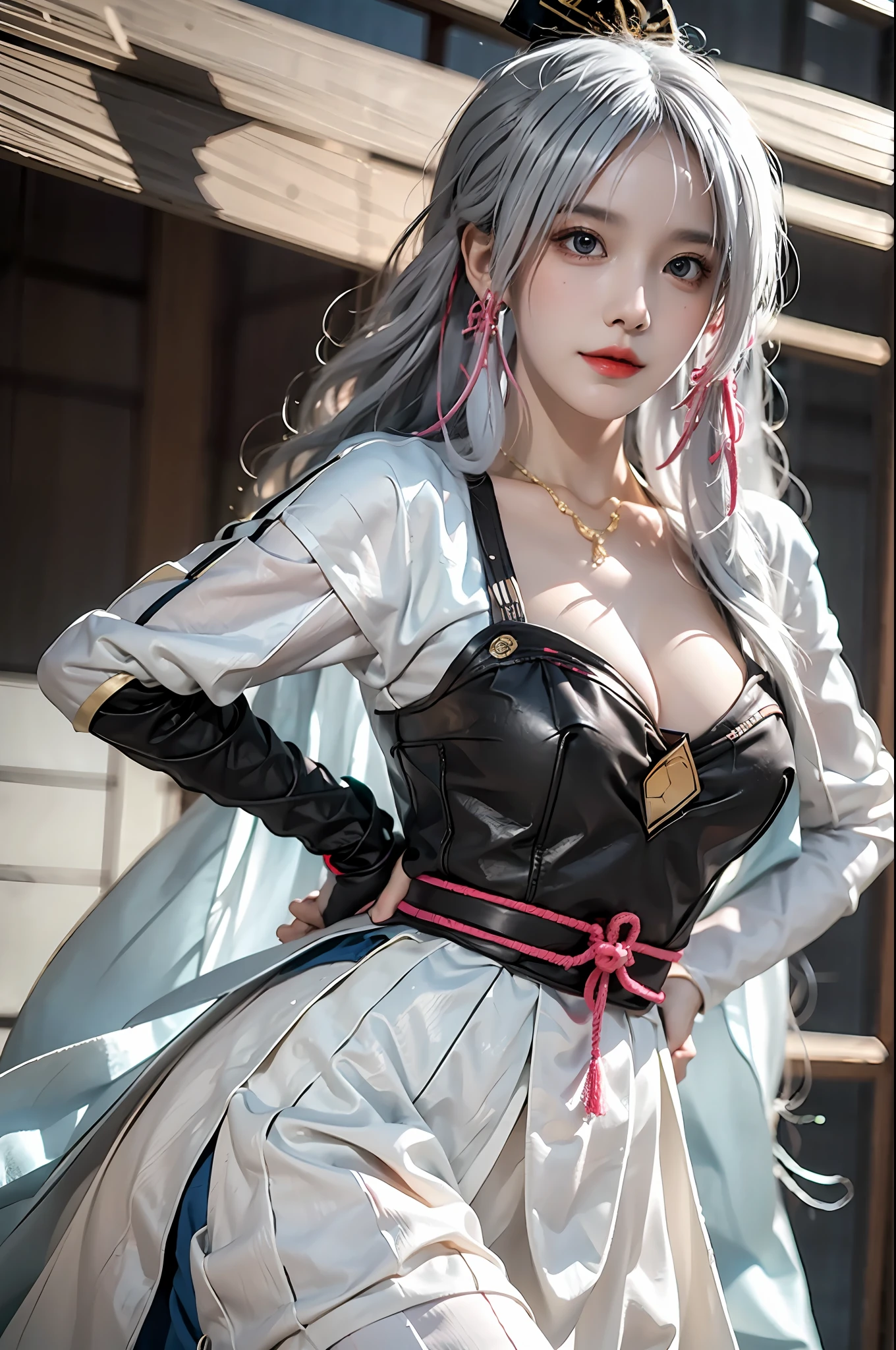 photorealistic, high resolution, 1 girl, hips up, beautiful eyes, white hair, kamisato ayaka, blush, closed mouth, cryokinesis, black gloves, thick, arms behind back, hands on hips, hands on own chest, village