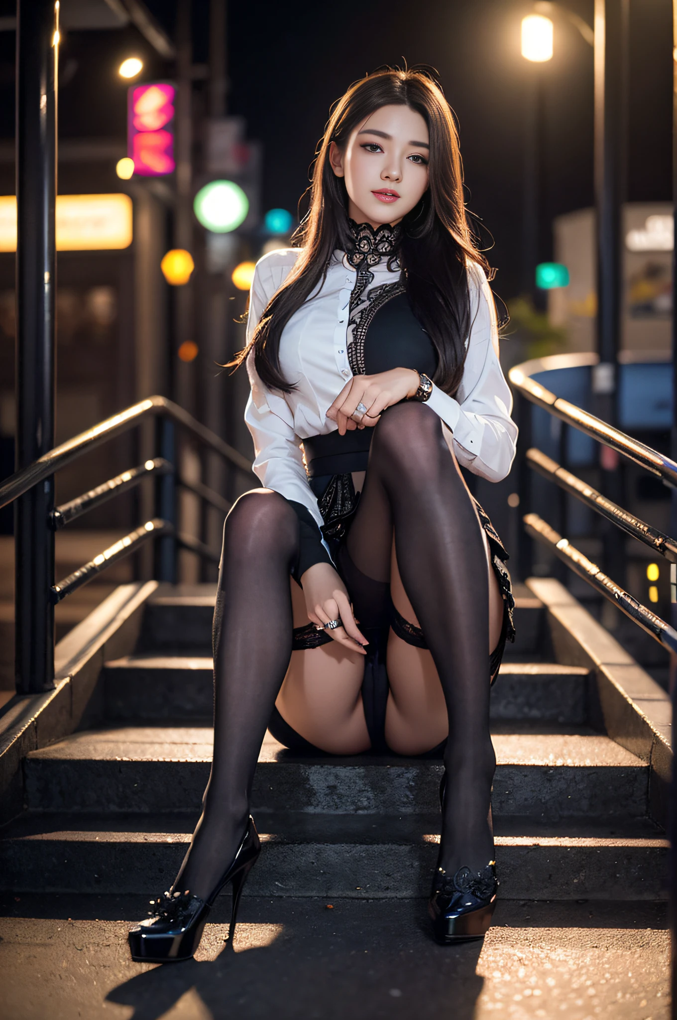 8K RAW photos、high - resolution、-yeld daed hair、Formal shirts、formal skirt、Smiling smile、long eyelash、beautiful double eyelids、eyeshadows、beautiful and thin legs、Pantyhose、bobhair、In front of the station at night、Stairs at night、squating、sit ch、Luxury high heels、(Intricate Detailing:1.4),(photorealestic:1.4),octane renderings, Complex 3D Rendering Ultra Detail, Studio soft light, rim-light, vivd details, Super detail, realistic skin textures, Detail face, Beautiful detail eyes, Very detailed CG Unity 8k wallpaper, Makeup, (Detailed background:1.2),