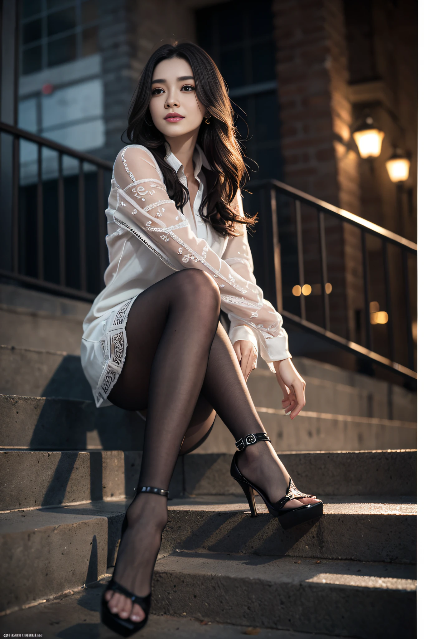 8K RAW photos、high - resolution、17-year-old daughter、layered hair、Formal shirts、formal skirt、Smiling smile、long eyelash、beautiful double eyelids、eyeshadows、beautiful and thin legs、Pantyhose、bobhair、In front of the station at night、Stairs at night、squating、sit ch、Luxury high heels、(Intricate Detailing:1.4),(photorealestic:1.4),octane renderings, Complex 3D Rendering Ultra Detail, Studio soft light, rim-light, vivd details, Super detail, realistic skin textures, Detail face, Beautiful detail eyes, Very detailed CG Unity 8k wallpaper, Makeup, (Detailed background:1.2),