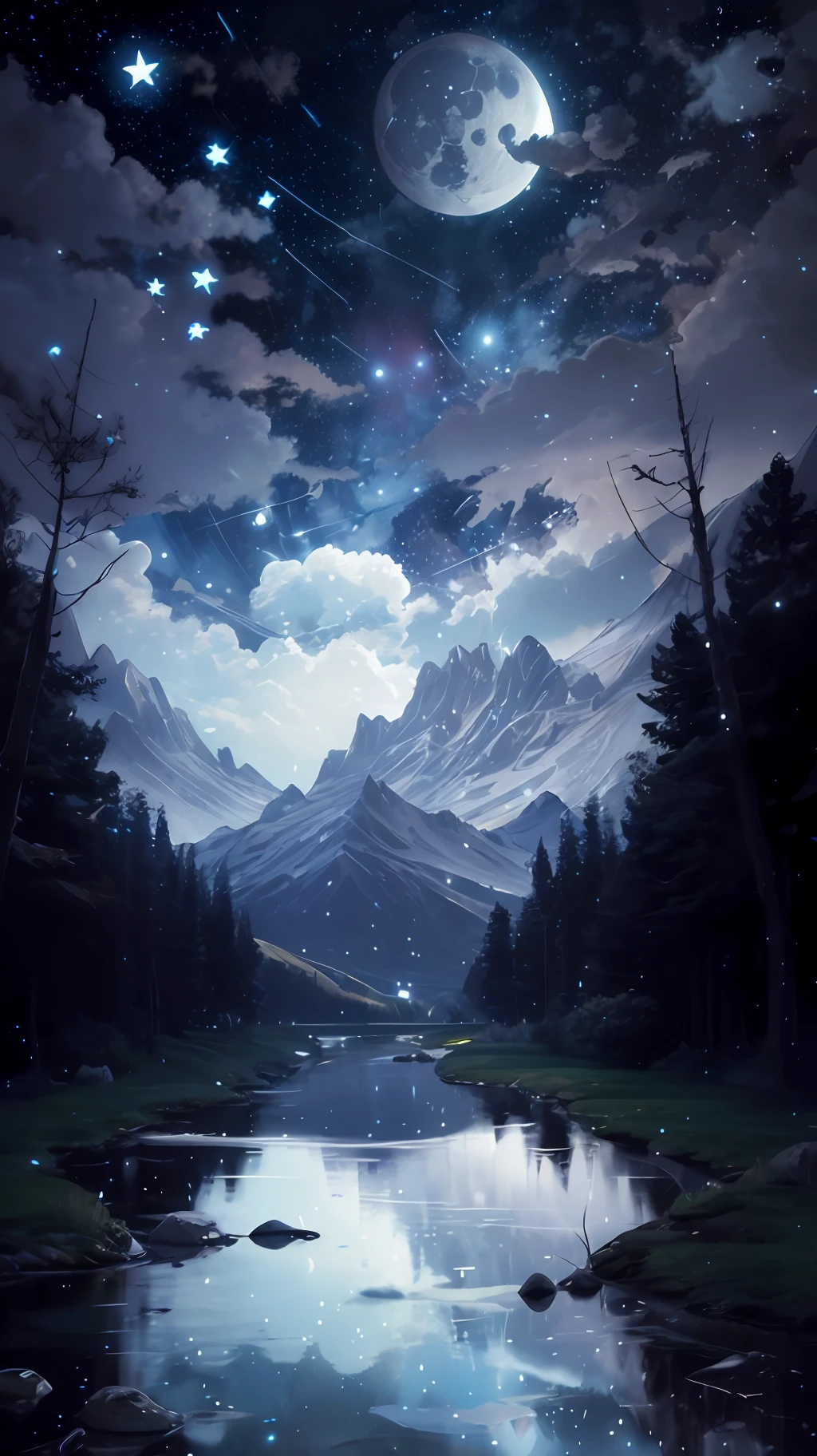 A painting of a river with stars and moon in the sky, concept art inspired by Tosa Mitsuoki, pixiv contest winner, best quality, fantasy art, beautiful anime scene, a bright moon, moonlit starry environment, dream painting, Anime Background Art, Fantasy Landscape Art, Fantasy Night, Anime Background, Background Artwork, Fantastic Art, Atmospheric Anime, Starry Sky, Detail Enhanced.