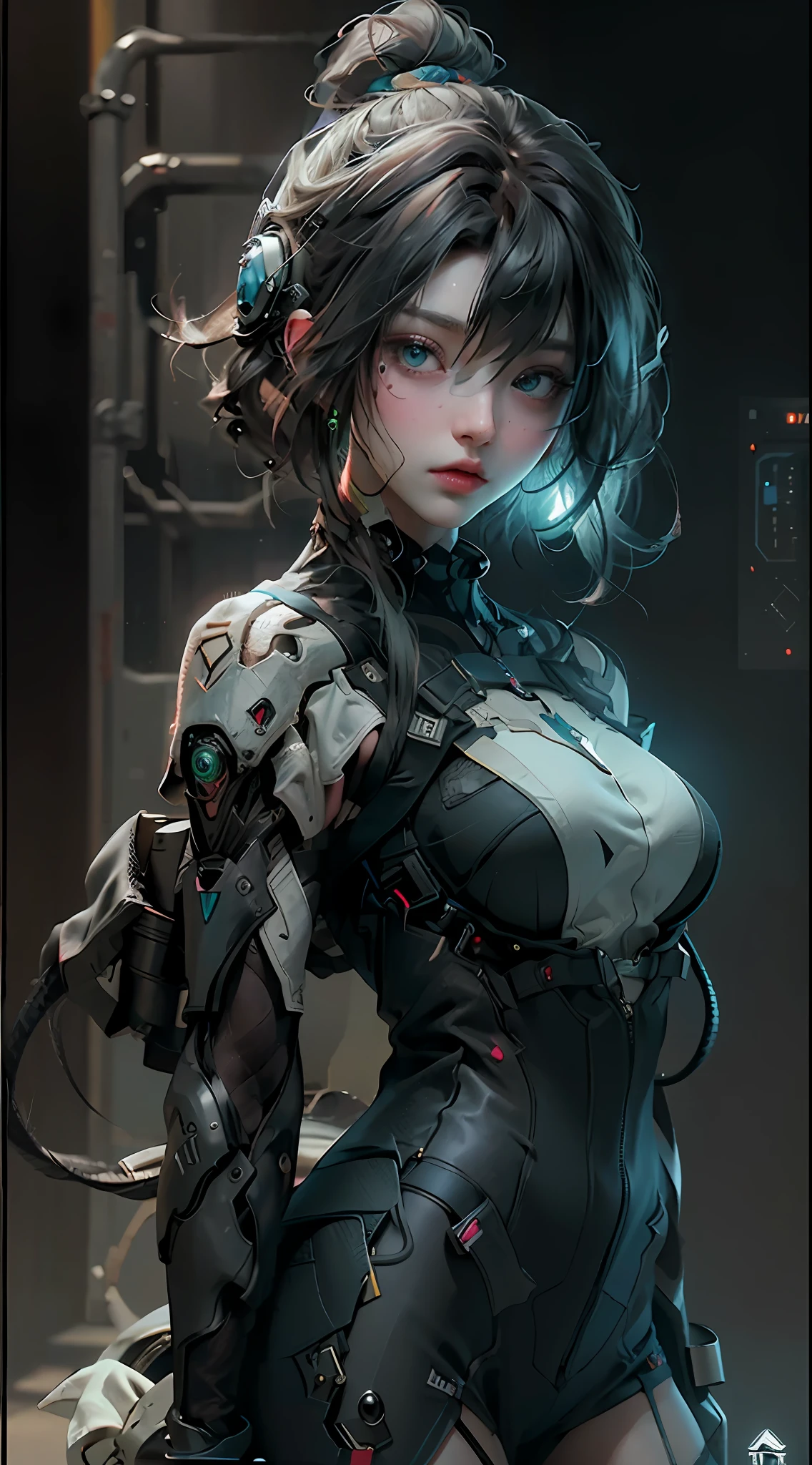 ((best quailty)), ((tmasterpiece)), (the detail:1.4), 3D, A beautiful cyberpunk female image,hdr（HighDynamicRange）,Ray traching,NVIDIA RTX,Hyper-Resolution,Unreal 5,Subsurface scattering、PBR Texture、post-processed、Anisotropy Filtering、depth of fields、maximum definition and sharpness、multi-layer texture、Albedo e mapas Speculares、Surface coloring、Accurate simulation of light-material interactions、perfectly proportioned、rendering by octane、Two-colored light、largeaperture、Low ISO、White balance、thirds rule、8K raw data、Green eyes，cyber-punk，Technologie，Line，Floating projection，metals