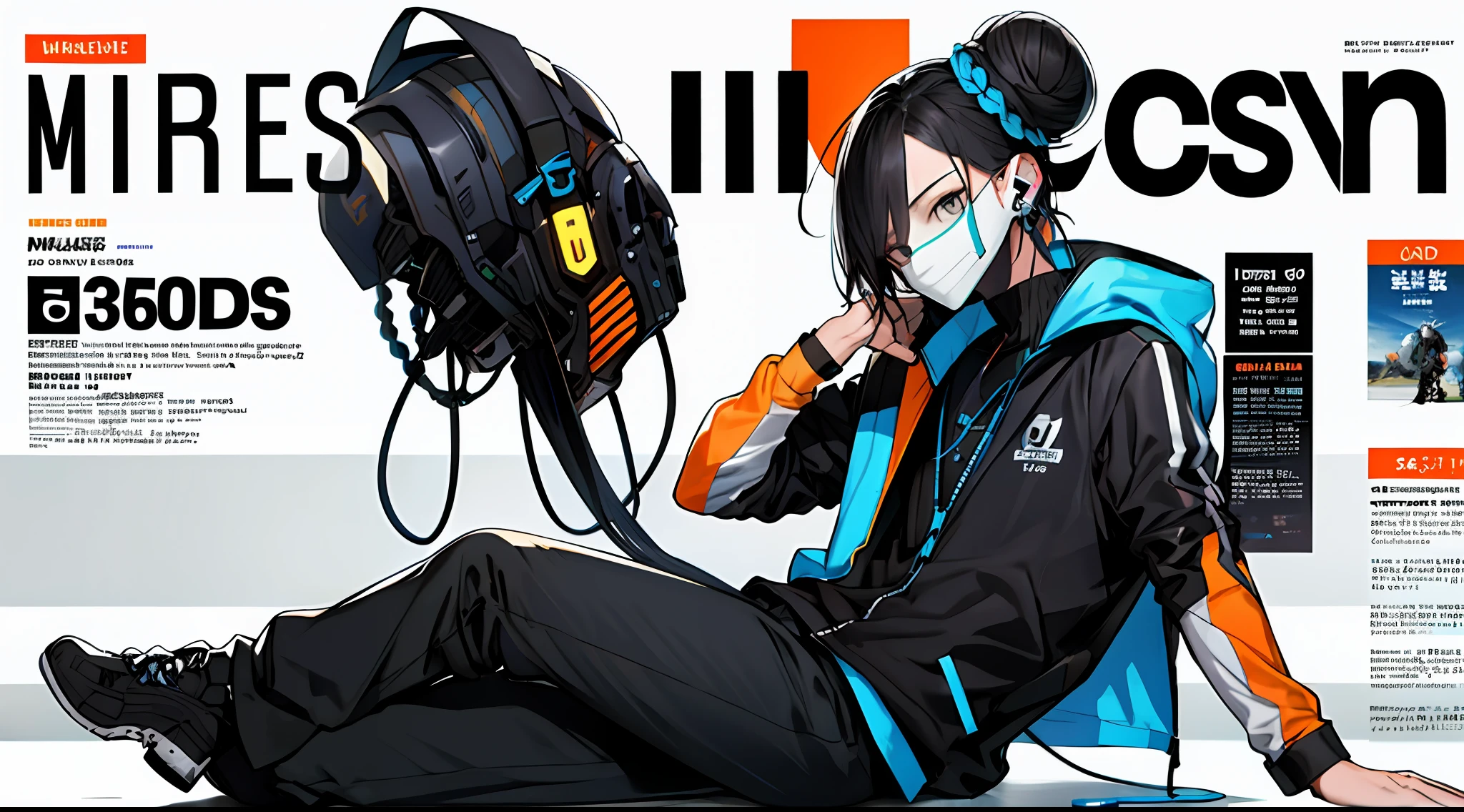 (magazine cover:1.3),ulzzang-6500, (realistic: 1.3) (original: 1.2), masterpiece, best quality, beautiful clean face, fullbody, 1woman, (wearing black and white and cobalt scifi techmask and headphones with complex electronics), wearing black techwear jacket and orange trousers with buckle and tape, (crystal necklace), posing for a picture, (white braided bun hair),