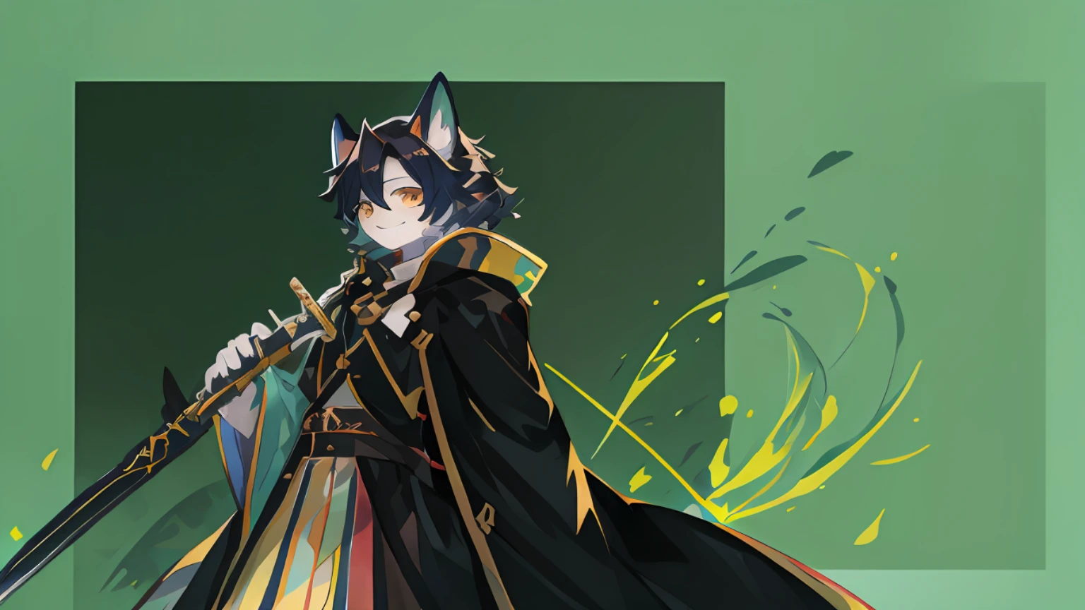 anime character with a sword and a green background, rimight, highlt detailed, (((cavalier))), smileing nright, highly [ Detailed ], digital green fox, High Details, arknights, high quality character design, hyperlight drifter, official character art, akasuki brightmind, official character illustration, Brightly lit!, made with illustrator