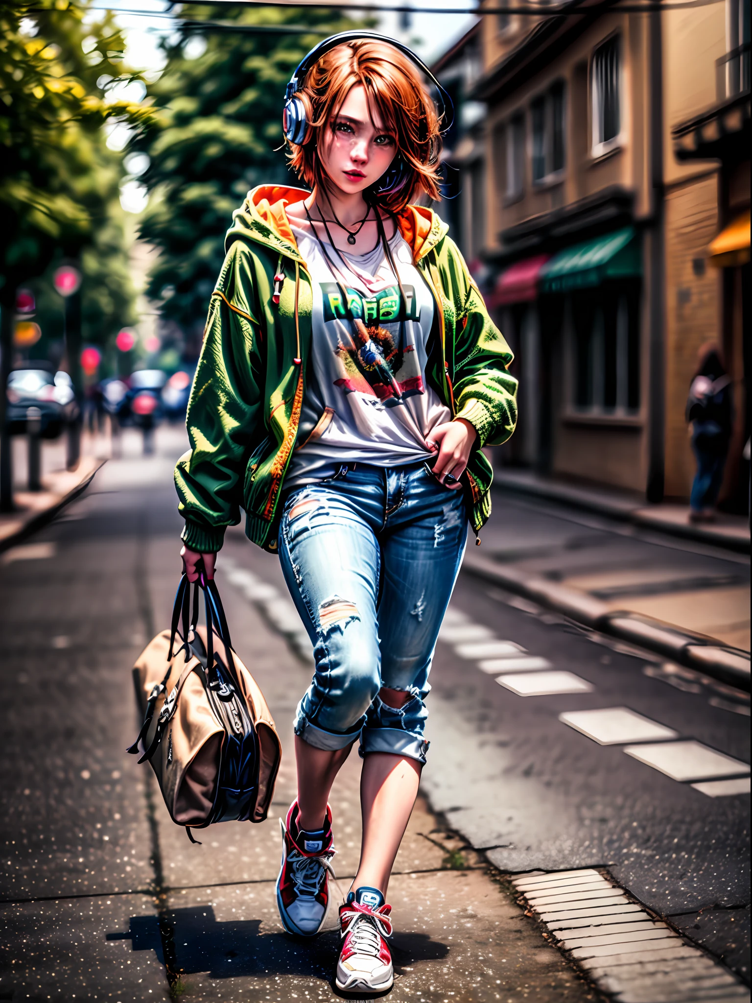 (masterpiece, photo-realistic:1.4), (redheaded teenager:1.3), (light green eyes:1.3), (freckles on her face:1.2), (gentle smile:1.2), (wearing wireless blue headphones:1.3), (loose-fitting red hoodie:1.3), (faded and relaxed jeans:1.2), (colorful Air Jordan-style sneakers:1.3), (full-body shot:1.4), (strolling along the sidewalk of a residential street:1.2), (abundant trees lining the street:1.2), (casual and carefree demeanor:1.1), (enjoying music on her headphones:1.2), (vibrant and lively street atmosphere:1.1), (perfectly captured details of her outfit:1.2), (effortless coolness:1.2), (sunny daylight illuminating the scene:1.3), (youthful energy and freedom:1.2), (expertly composed composition:1.2), Cinematic, Hyper-detailed, insane details, Beautifully color graded, Unreal Engine, DOF, Super-Resolution, Megapixel, Cinematic Lightning, Anti-Aliasing, FKAA, TXAA, RTX, SSAO, Post Processing, Post Production, Tone Mapping, CGI, VFX, SFX, Insanely detailed and intricate, Hyper maximalist, Hyper realistic, Volumetric, Photorealistic, ultra photoreal, ultra-detailed, intricate details, 8K, Super detailed, Full color, Volumetric lightning, HDR, Realistic, Unreal Engine, 16K, Sharp focus, octane render --v testp