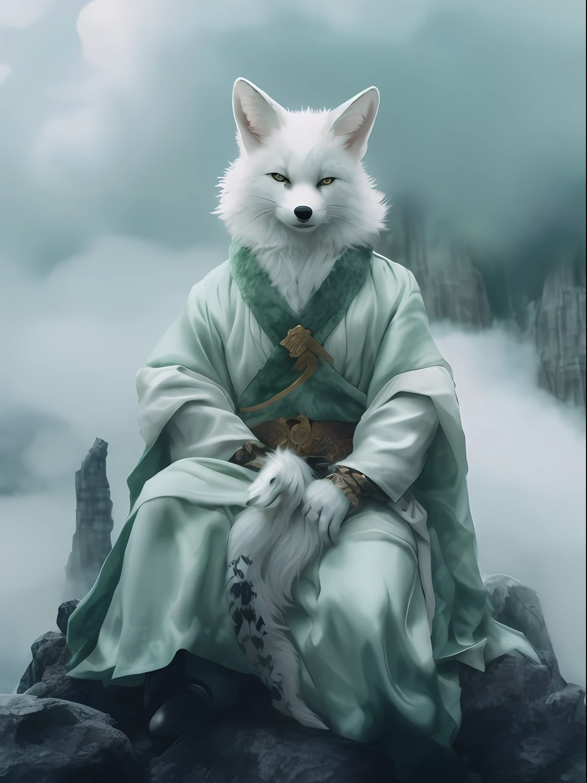 araffe dressed in a white robe sitting on a rock, white fox anime, dog as a god, Kitsune, White fox, furry fantasy art, kitsune three - tailed fox, White-haired fox, fox nobushi, kitsune inspired armor, ethereal fox, a moogle in the legend of korra, anthropomorphic fox