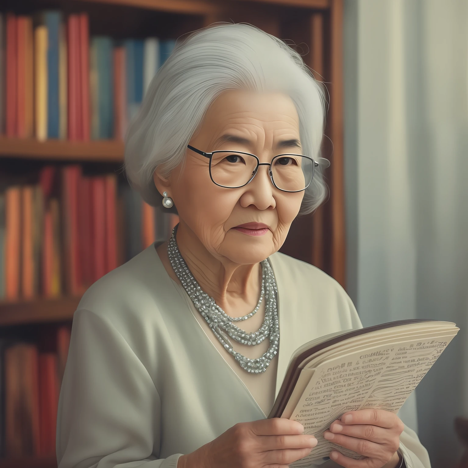 An older woman with glasses holds a book，Chinese woman Chinese elegant woman sitting in front of a bookcase ，facing at camera。Ultra-real dignified elegance, ultra-real cinematic. Silver hair, White hair, Short hair, hair splayed out, Expressive hair, widow peak, hair adornments, jewelry, bead necklace, wears glasses,Light smile, Realism, Constructivism, Mannerism, Social realism, Verism, filmgrain, multiple monochrome, anaglyph, Cinematic lighting, Chiaroscuro author：leng jun, portrait featured on unsplash, Old lady, old woman, looking old, author：Wen Zhenheng, author：Zhang Han, Older woman, author：Li Zai, author：Sun Kehong, author：Cheng Zhengkui, 50mm portrait, inspired by Liu Jue --auto
