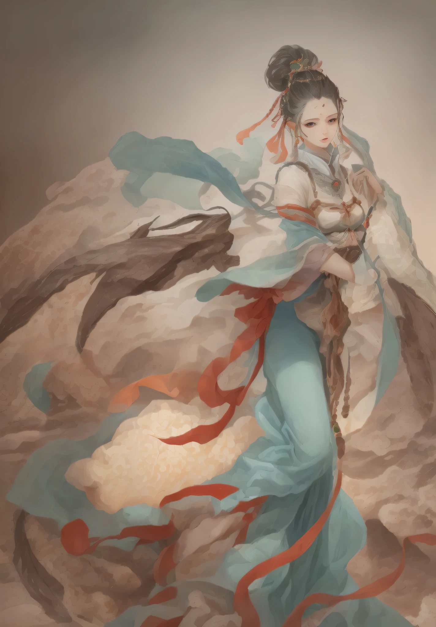 An ancient Chinese beauty, dignified temperament, flowing long skirt, clear face, beautiful eyes, purple myrtle flowers surrounded, masterpiece, super detailed, epic composition, super HD, high quality, highest quality, 32k --v 6