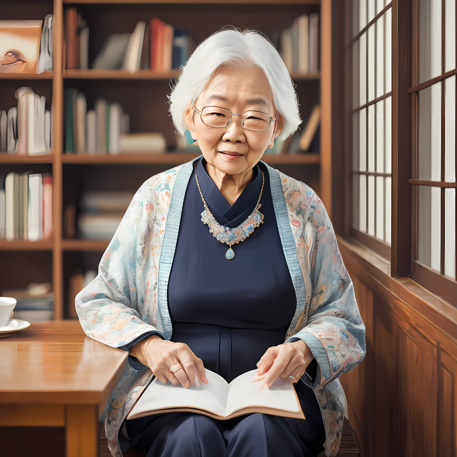 An older woman with glasses holds a book，Asian woman Chinese elegant woman sitting in front of a bookcase ，facing at camera。Ultra-real dignified elegance, ultra-real cinematic. Silver hair, White hair, Short hair, hair splayed out, Expressive hair, widow peak, hair adornments, jewelry, bead necklace, wears glasses,Light smile, Realism, Constructivism, Mannerism, Social realism, Verism, filmgrain, multiple monochrome, anaglyph, Cinematic lighting, Chiaroscuro author：leng jun, portrait featured on unsplash, Old lady, old woman, looking old, author：Wen Zhenheng, author：Zhang Han, Older woman, author：Li Zai, author：Sun Kehong, author：Cheng Zhengkui, 50mm portrait, inspired by Liu Jue --auto