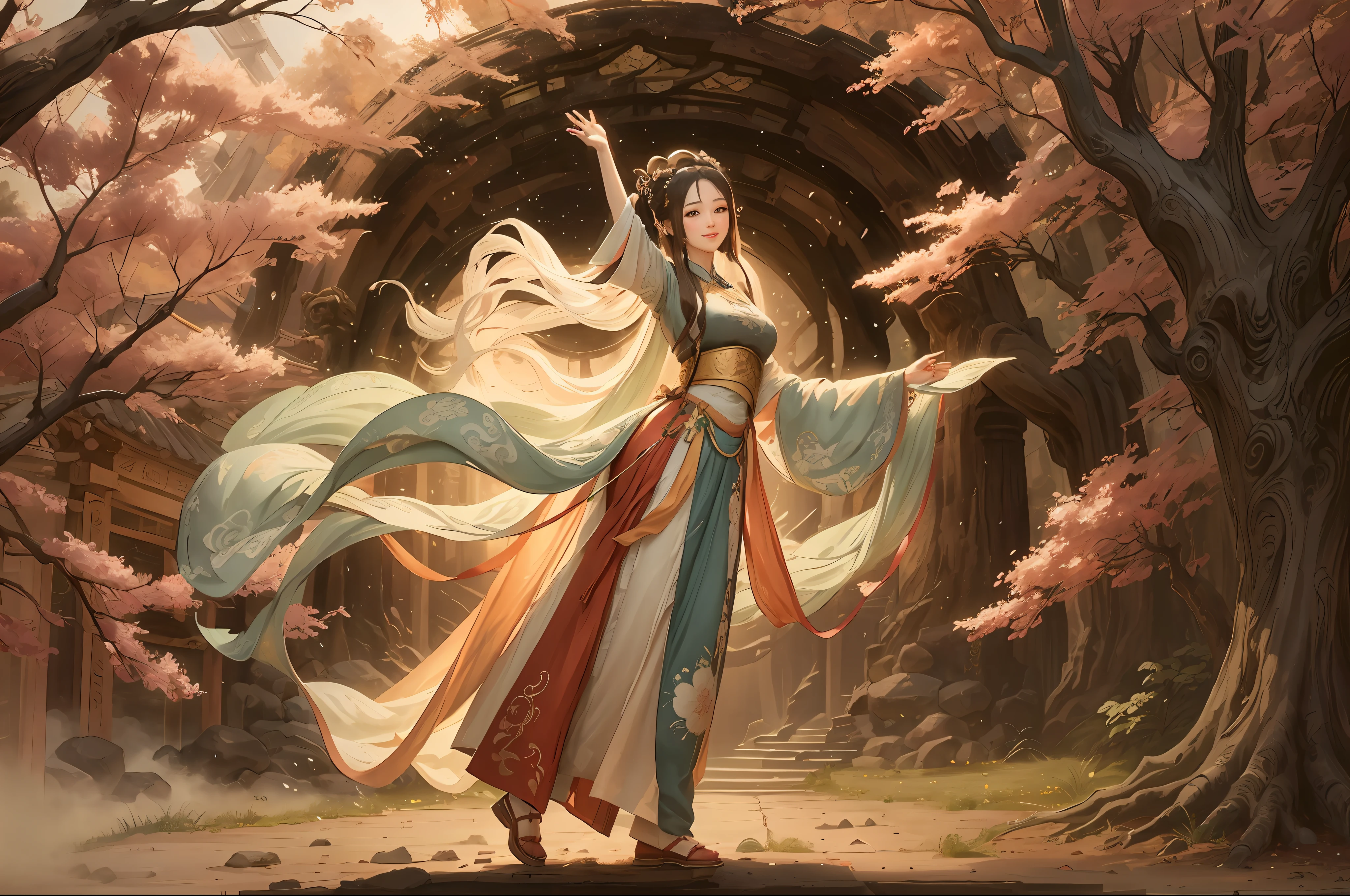 Shuk walking horse, negative space, sunglasses, standing female statue, willow branch, (masterpiece, best quality:1.2), Chinese painting, model style, peace, (smile), looking at the audience, wearing long hanfu, hanfu, song, willow tree in background, five changshuo, on the top of the mountain,