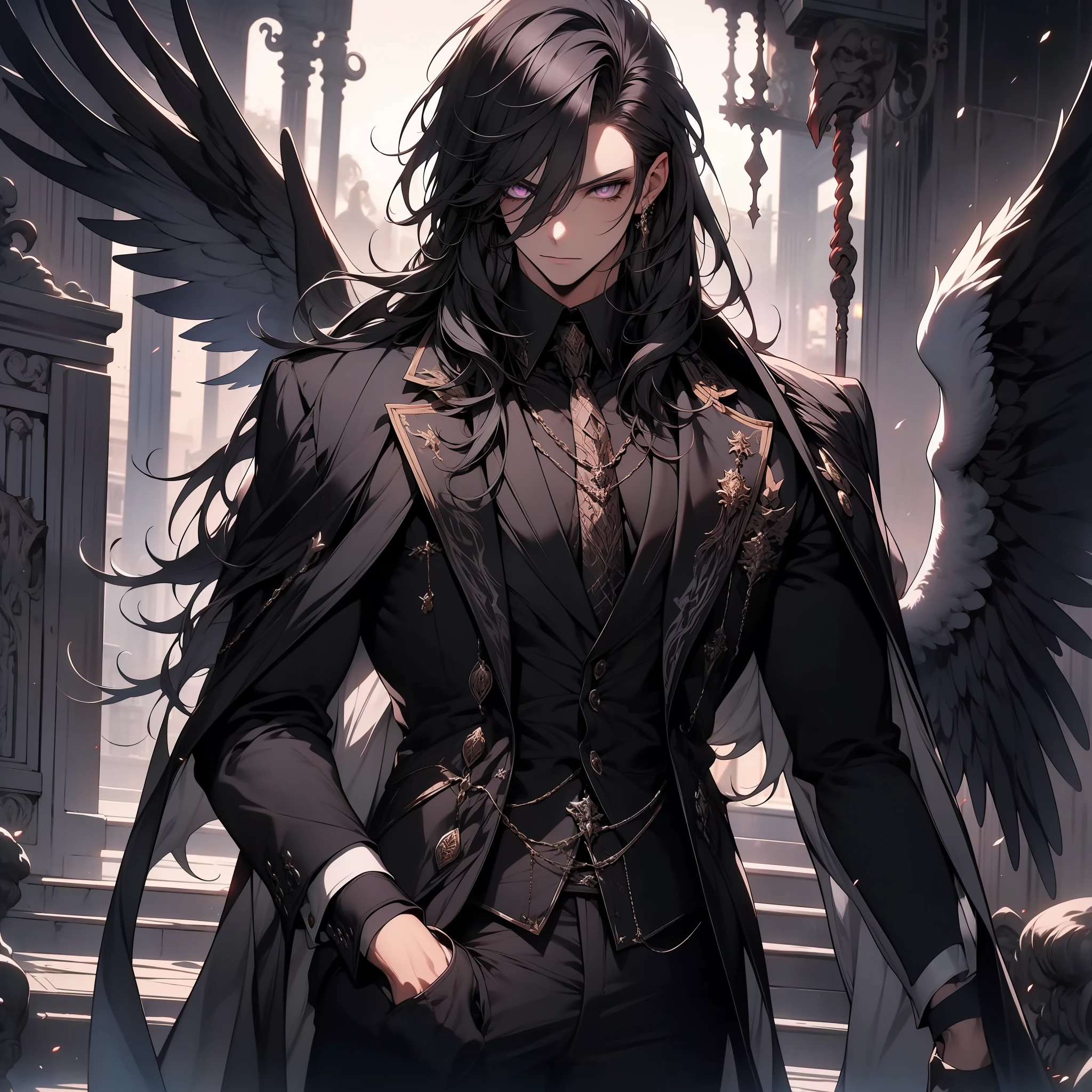 （Highest image quality, tmasterpiece）Long black hair, purpl eyes, A male, Adult, Dark atmosphere, Western clothing dominated by black, the angel's wings（Black）, Handsome, AS-Adult, Charming facial features, Fallen angels，Single