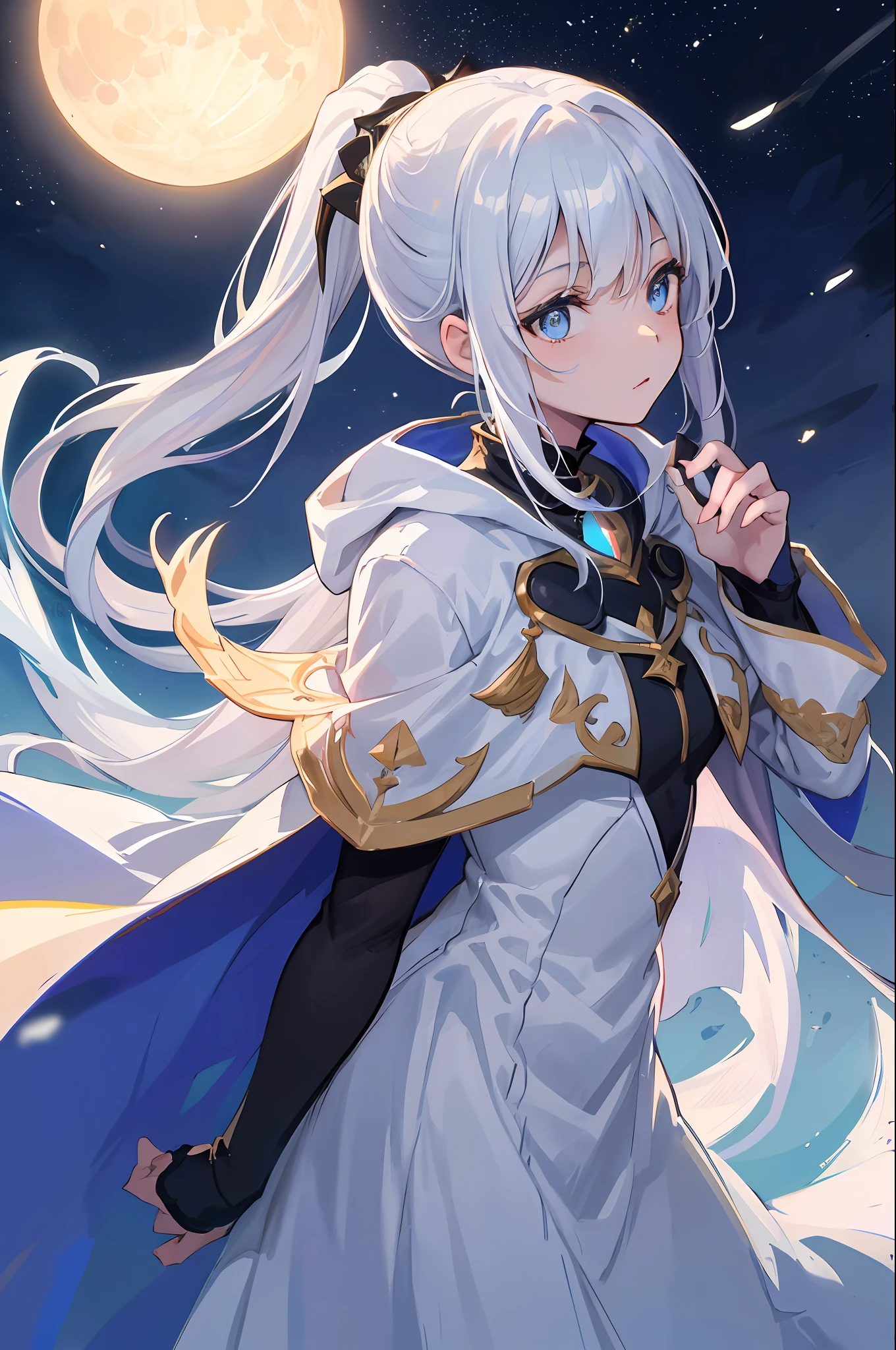 Masterpiece, (Best Quality: 1.2), (Super Fine: 1.2), Illustration, (Extremely Delicate and Beautiful: 1.2), Film Angle, Floating, (Beautiful Detail Eye: 1.1), (Detail Light: 1.1), Film Lights, Delicate Sky, Woman, White Hair, Blue Eyes, (High Ponytail: 1.1), Cloak, Glowing Eyes, (Moon: 1.2), (Moonlight: 1.1), Starry Sky, (Light Particles: 1.1), Fog , snow painting, sketching, blooming